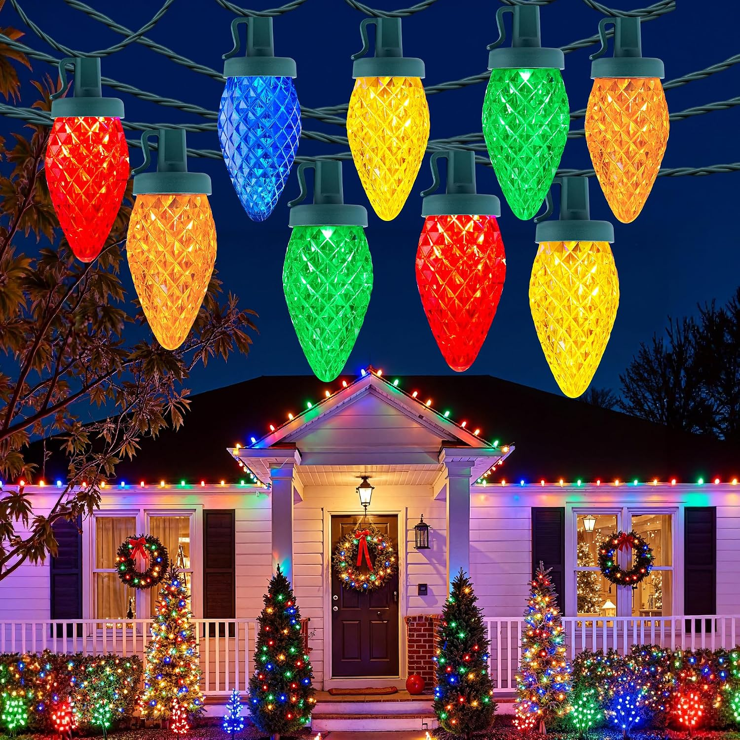 C9 LED Christmas Lights Outdoor, 97Ft 150 LED Waterproof Strawberry Christmas Decorations String Lights, Plug in Vintage Christmas Tree Lights for Outside, Roof, Patio, Wedding, Party, Multicolor