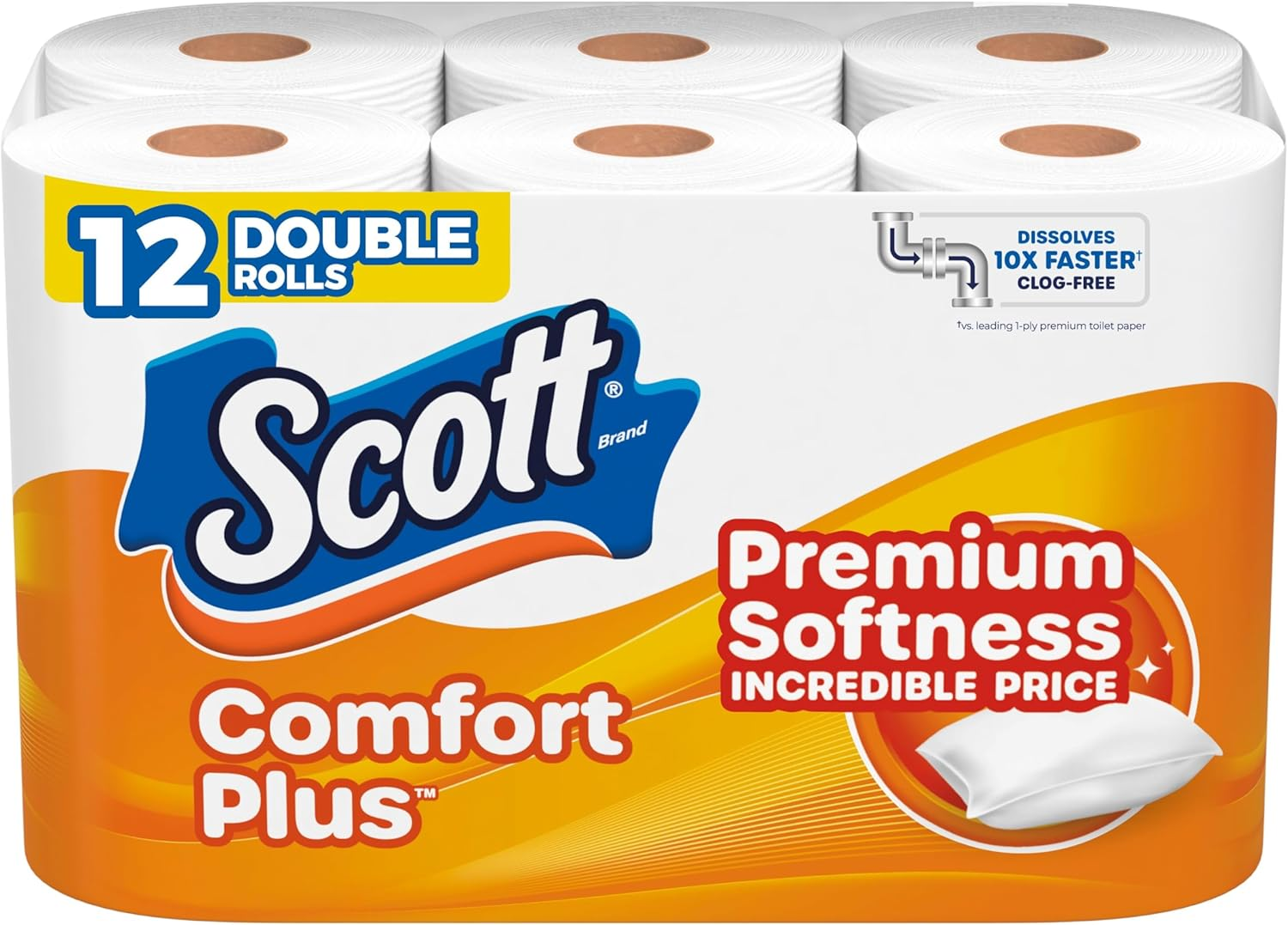 Comfortplus Toilet Paper, 12 Double Rolls, 231 Sheets per Roll, Septic-Safe, 1-Ply Toilet Tissue