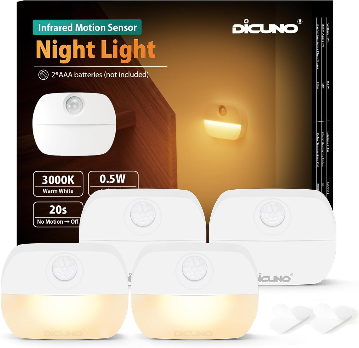 Motion Sensor Night Light, Stick-On Nightlight with Dusk to Dawn Sensor, 20Lm, 3000K Warm White, 0.5W, Battery Operated Night Lights LED for Bedroom, Bathroom, Hallway, Stairs, 4-Pack