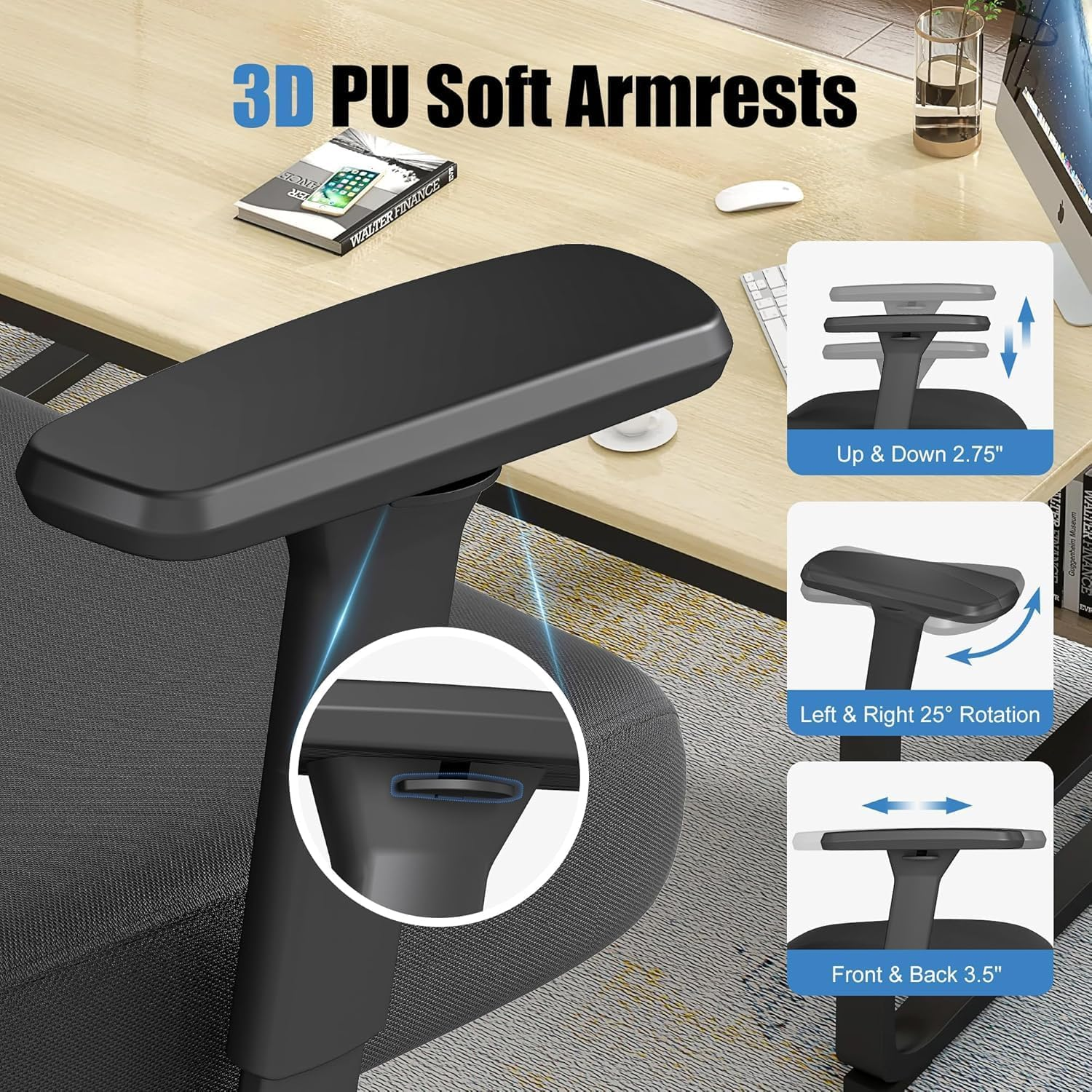 ZZH Ergonomic Office Chair with Adjustable Lumbar Support, 3D Arms and Headre... - Picture 8 of 14