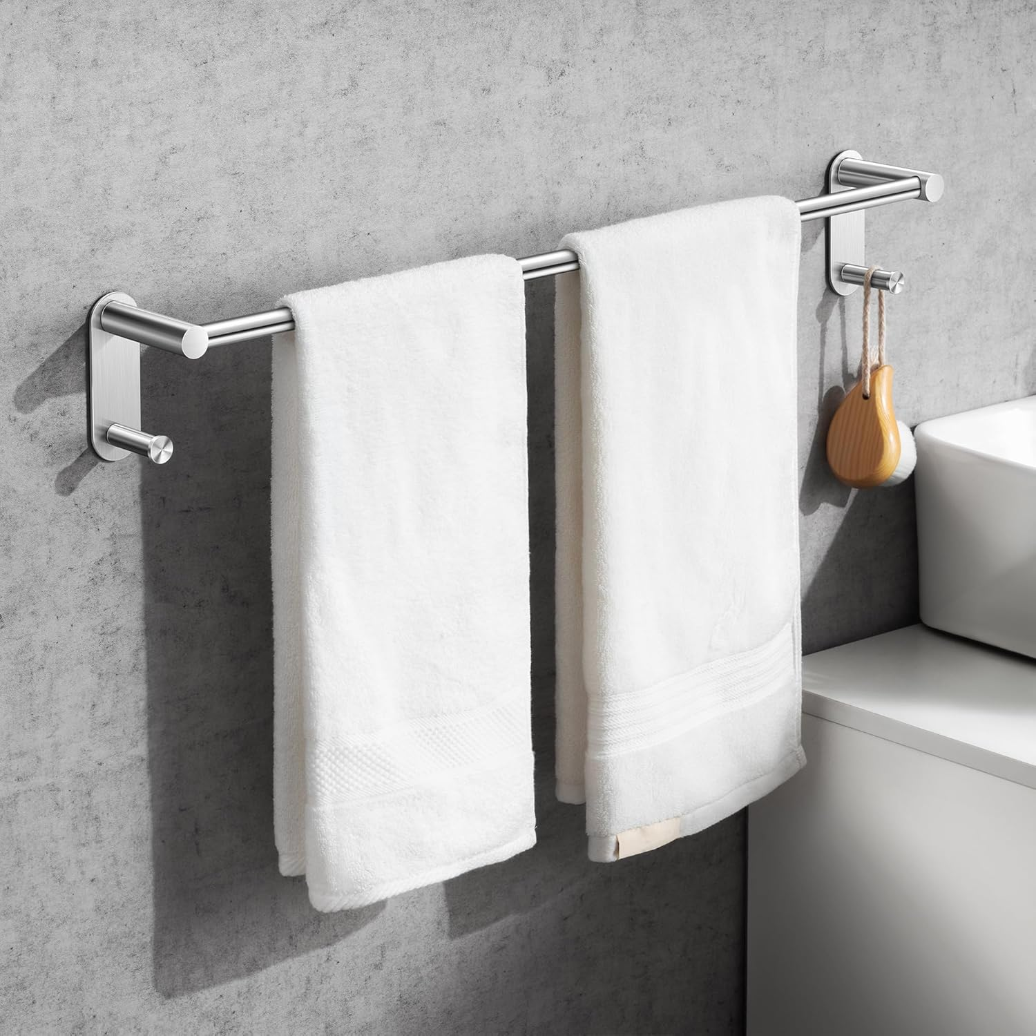 24 Inch Adhesive Towel Bar - Stainless Steel Stick on Towel Rack for Bathroom, No Drilling Towel Holder with 2 Hooks, Brushed Nickel