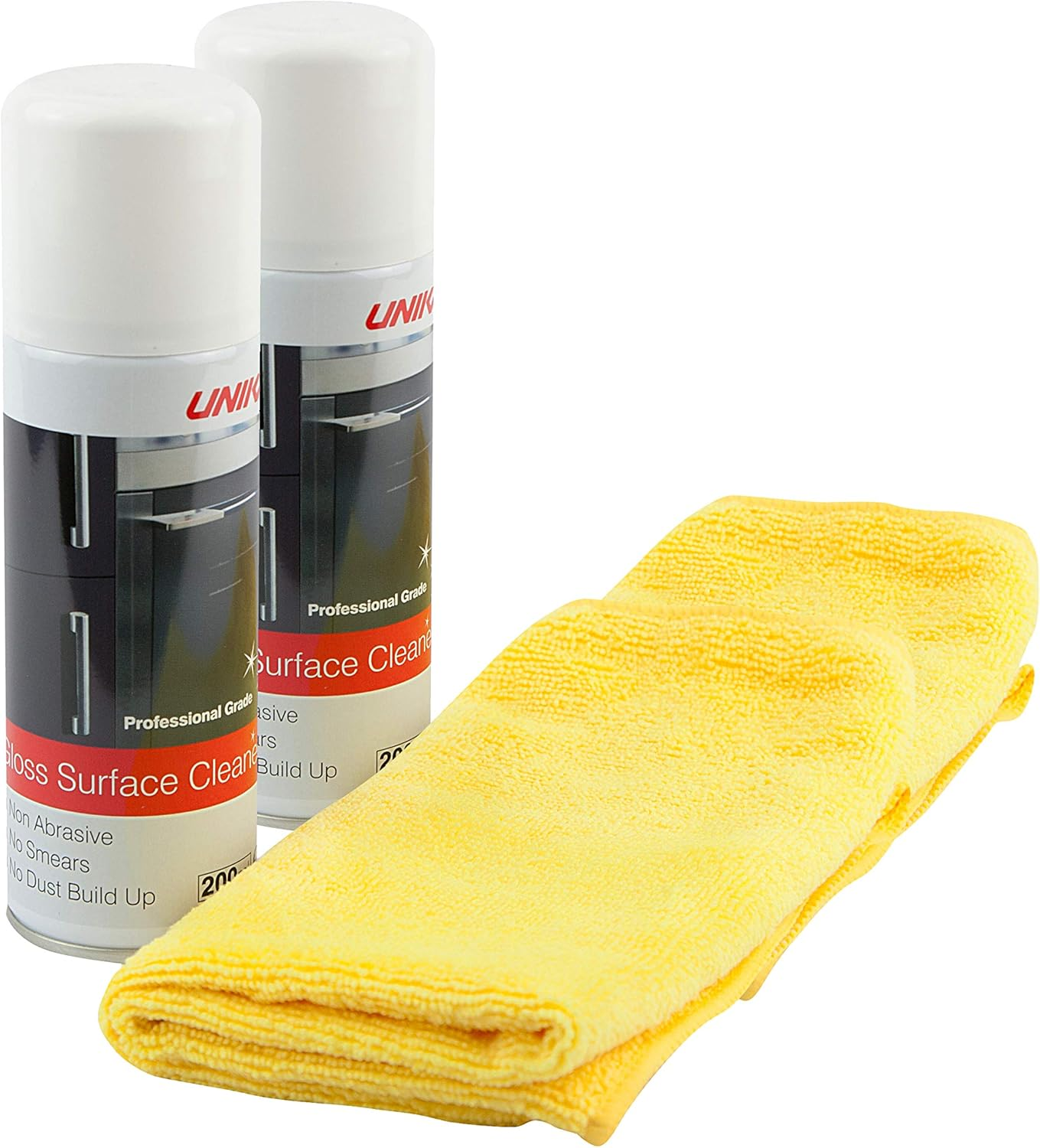 UNIKA Gloss Surface Cleaner and Microfibre Cloth Twinpack – Anti-Static Glass, Mirror & Chrome Cleaner Spray – Streak-Free Finish – Multi-Surface Kitchen Cleaning Products