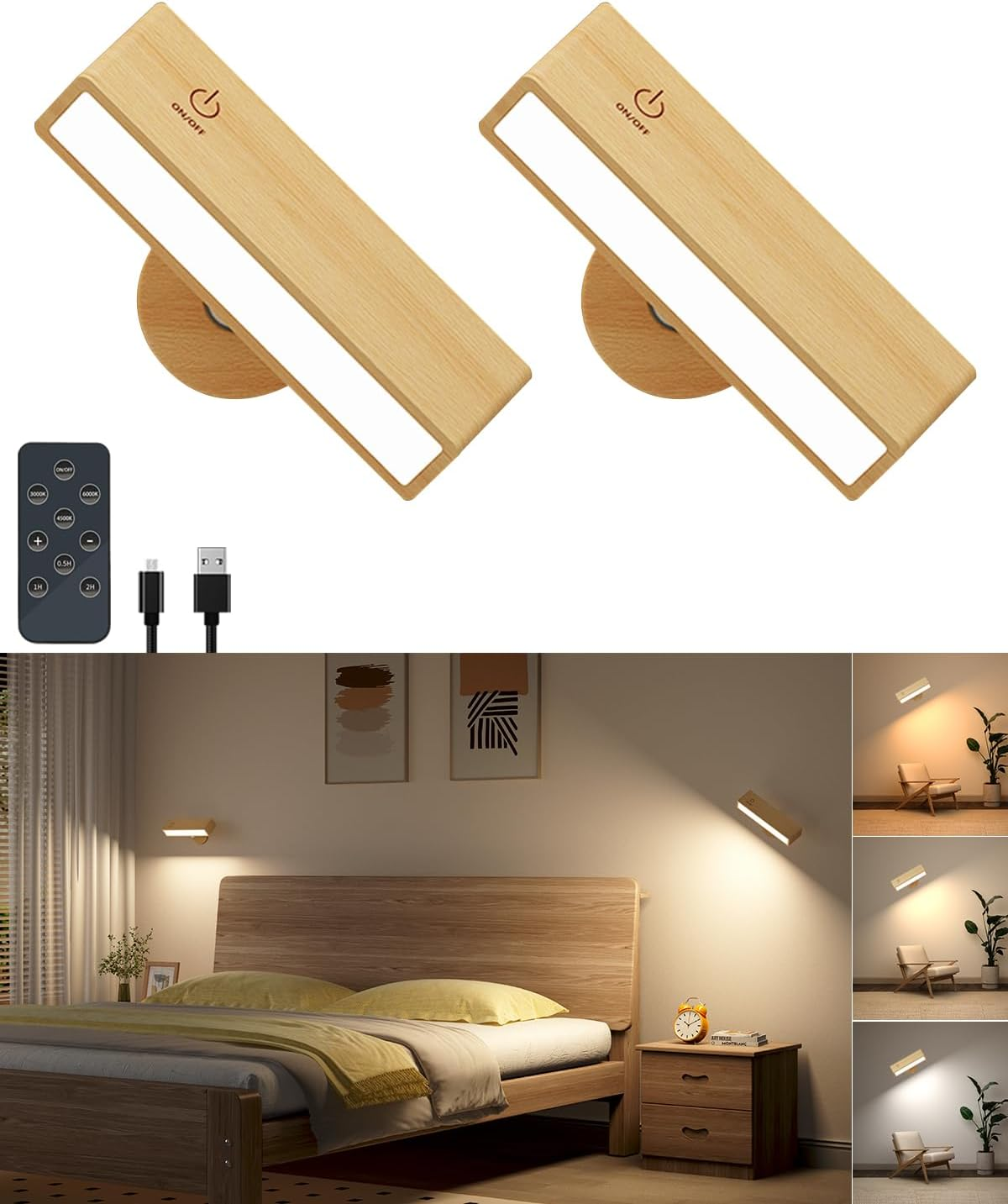 Wooden Wall Sconce Battery Operated with Remote,Rechargeable Wall Lights for Bedroom with 3 Color Temperature, Magnetic, Stick-On, Dimmable Wall Reading Lights (Beech Wood, 2Pack-Remote)