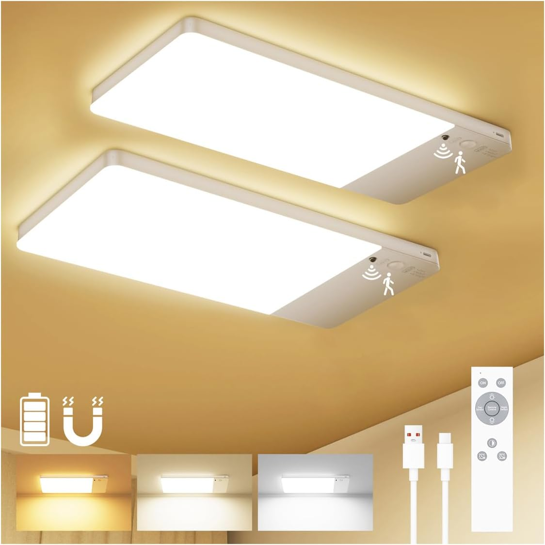 12000Mah Battery Operated Ceiling Light with Remote, Cordless Overhead Lighting, Adjustable Temperatures & Brightness No Wiring, Motion Sensor Light for Closet Pantry, Hallway, Shed, Shower