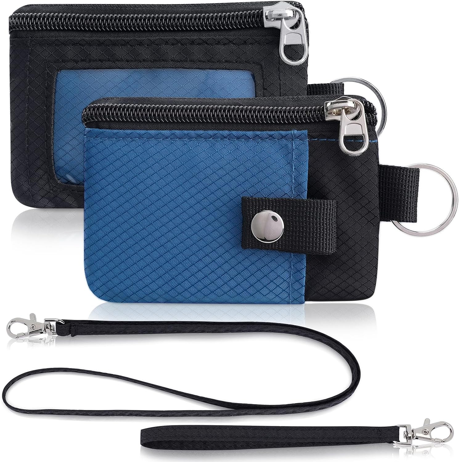 Minimalist Wallet For Mens Womens, Keychain RFID Blocking Zipper Small Wallet with ID Window 2 Lanyards,Water Resistant  Cash Card Coin Case Boys Girls
