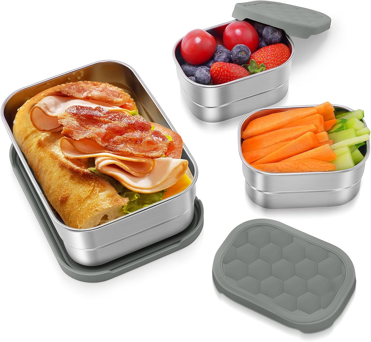Set 3 Contenedores Snack Acero Inoxidable 25oz+2x8oz Tapas Silicona Escolar