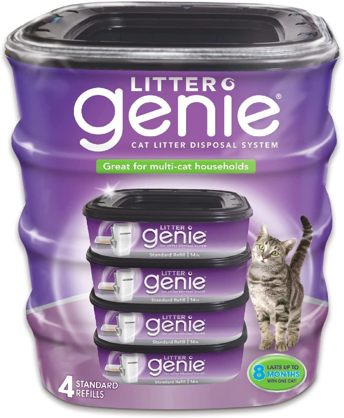 Litter Genie Refill Bags (4-Pack) | Multi-Layers of Odor-Barrier Technology | 1 Square Refill Cartridge Lasts up to 2 Months per Cat