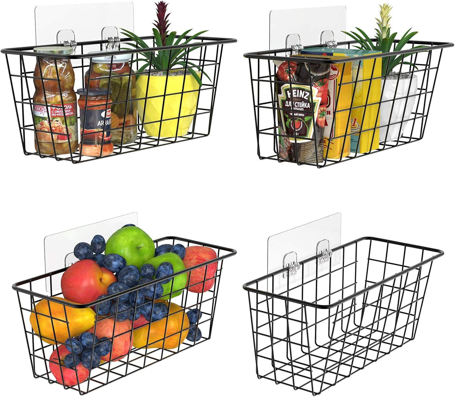 over the Cabinet Door Organizer Wall Wire Baskets Hanging Kitchen Basket Shelf for Cabinet & Pantry Organization and Kitchen, Bathroom, Bedroom Storage, with Adhesive, 4 Pack