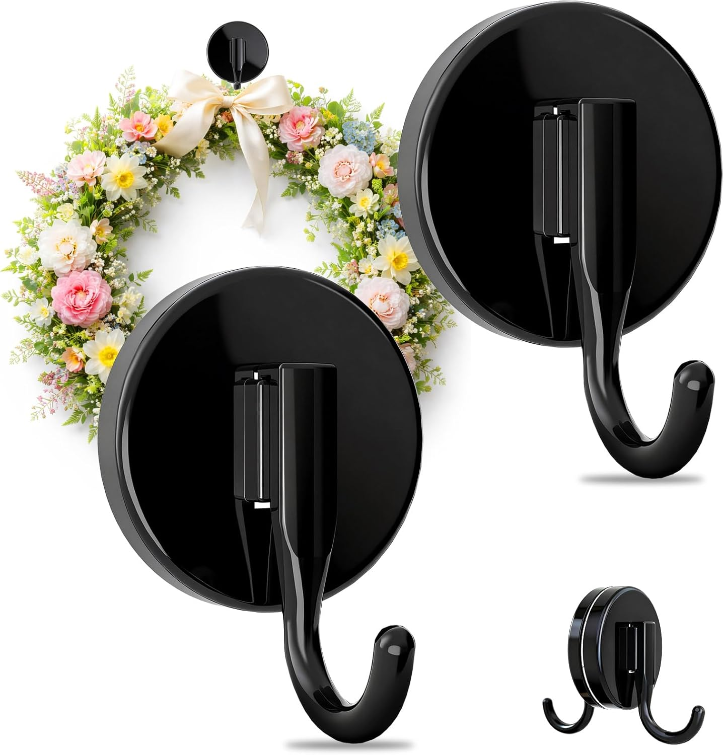 Magnetic Wreath Hangers for Front Door, 2-Pack Heavy Duty Magnetic Wreath Hooks for Metal Doors and Single-Pane Glass, No Drilling, No Adhesive, Indoor Outdoor Seasonal Decor, Reusable Holder, Black