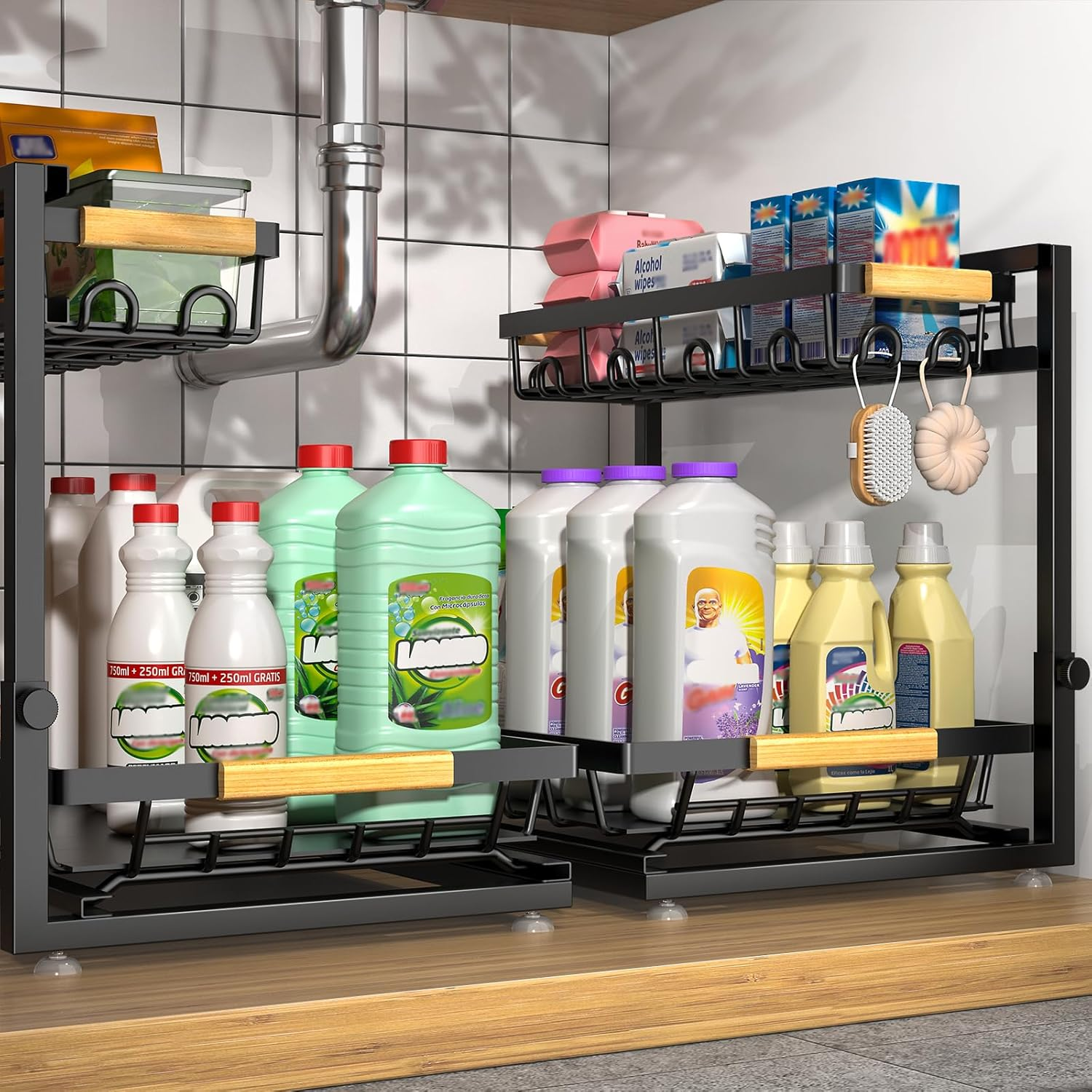 2 Packs under Sink Organizer, Height Adjustable 2 Tier under Kitchen Sink Organizer, Multi-Purpose Storage Shelf for Kitchen Bathroom Cabinet