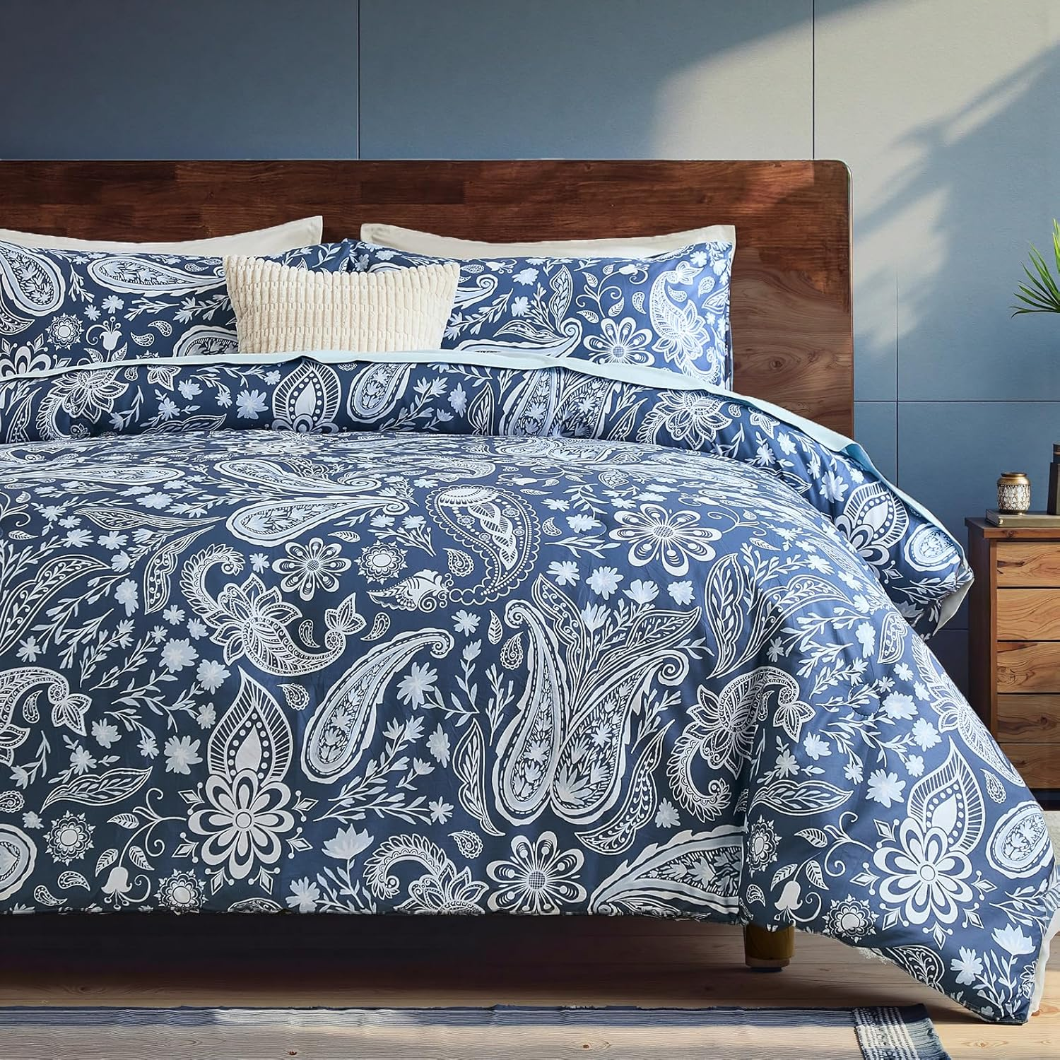 Navy Paisley Cotton King Comforter Set - Cozy Vintage Boho Chic Bedding