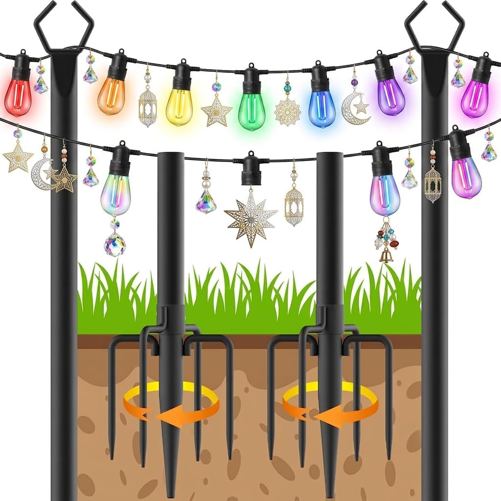String Light Pole Für Deck - 2 Pack 9.8FT 2.99M Für Außen Hängenden Stahl String Pole Für Outdoor-Dekoration Garten, Hinterhof, Terrasse Beleuchtung Stand Für Parteien, Weihnachten, Hochzeit