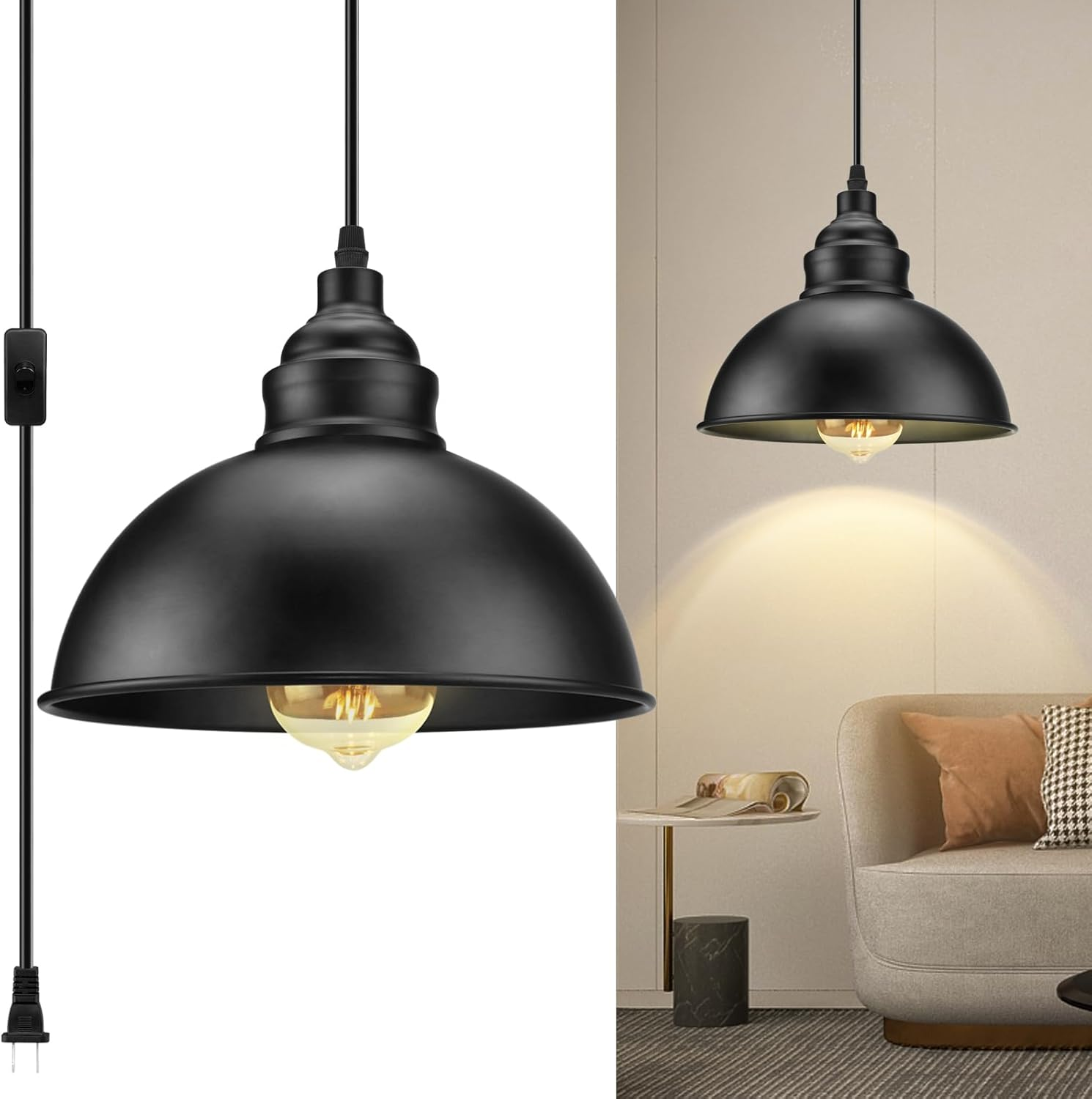 Plug in Pendant Light, 15FT Hanging Lights with Plug in Cord, On/Off Switch, Industrial Pendant Light with Plug in Cord, Metal Hanging Lamps for Living Room, Kitchen, Dining Room, Bedroom