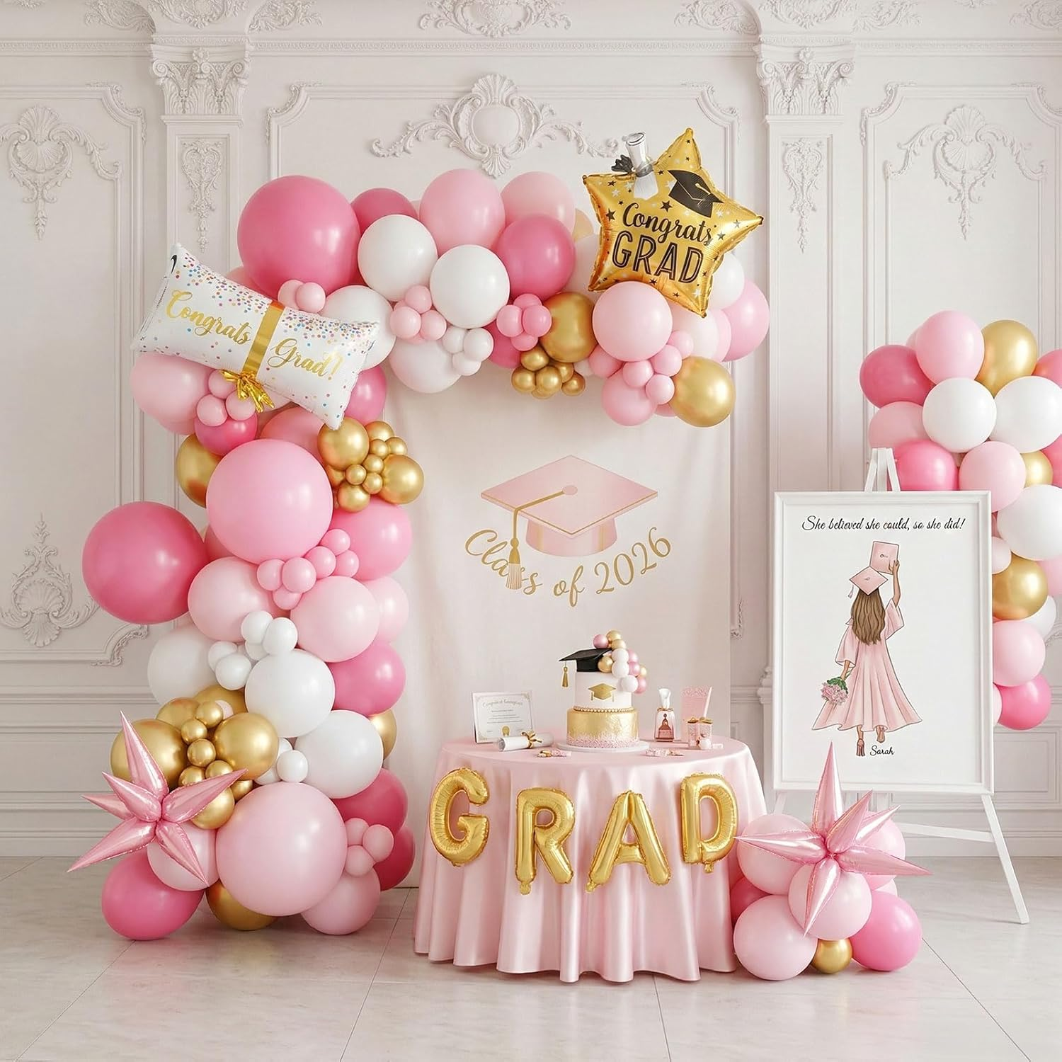 Pink and White Gold Grad Balloon Garland Arch Kit 145Pcs with Large Gold Star GRAD Letter Balloons for 2026 Graduations Decorations Prom Girl'S Birthday Party Supplies