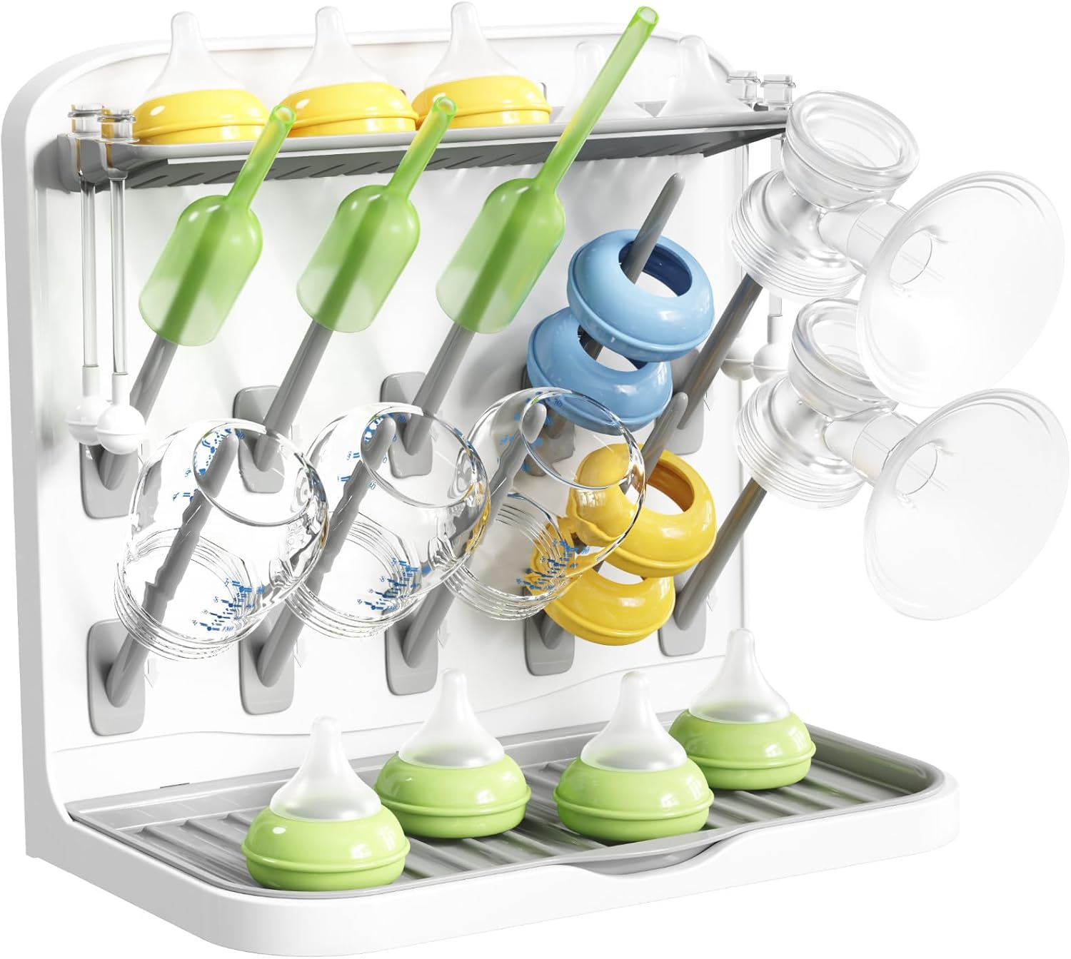 Baby Bottle Drying Rack with 10 Hooks, Vertical Rack Dryer with Removable Pacifiers Box, Drip Tray, Space Saving Countertop Holder Organizer for Weighted Straws, Pump Parts