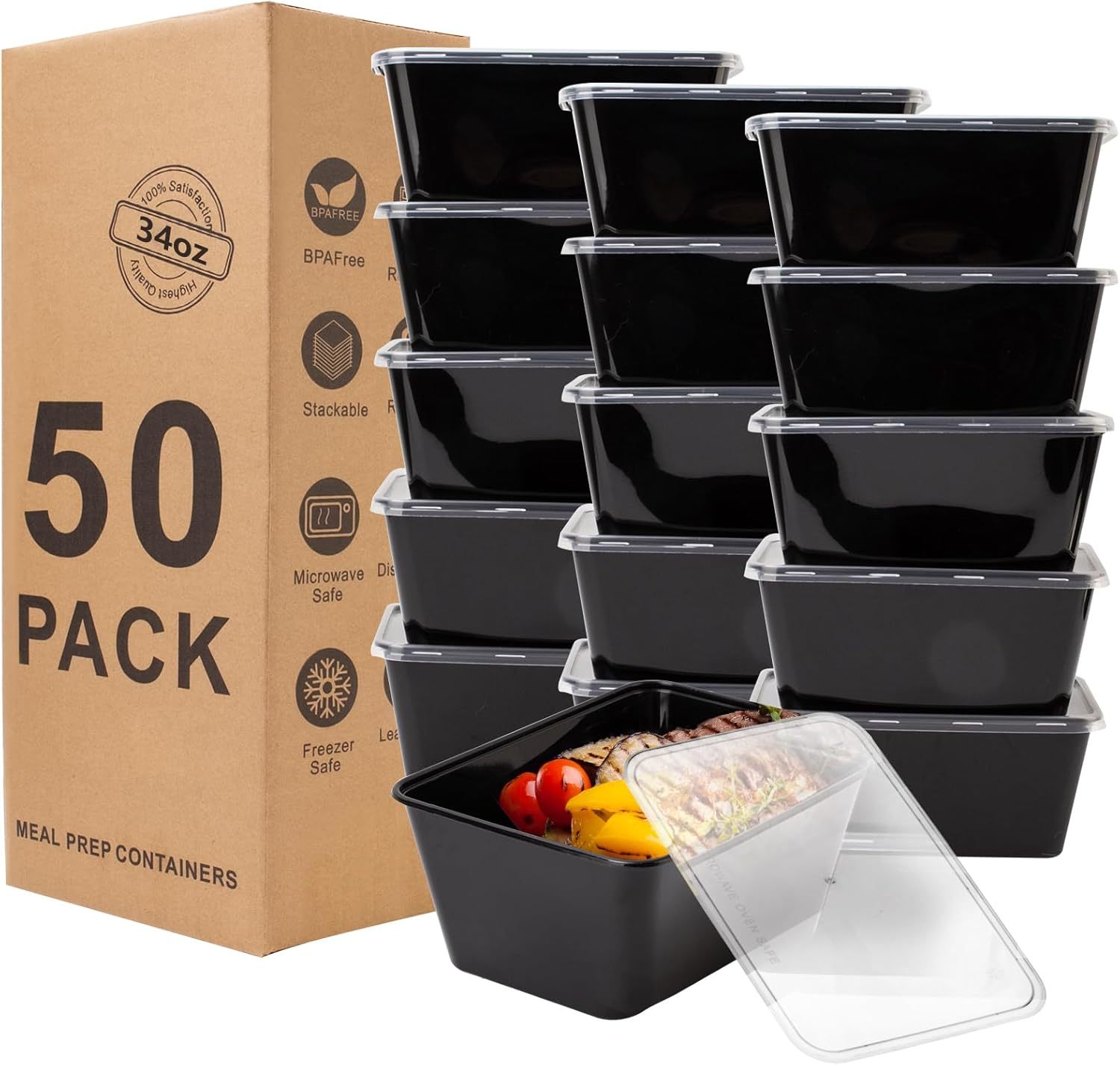 Meal Prep Containers 50Pack - 34Oz Food Storage Containers with Lids, Reusable Food Prep Containers, Disposable to Go Food Containers for Takeout, BPA Free, Stackable, 1000Ml, Microwave/Freezer Safe