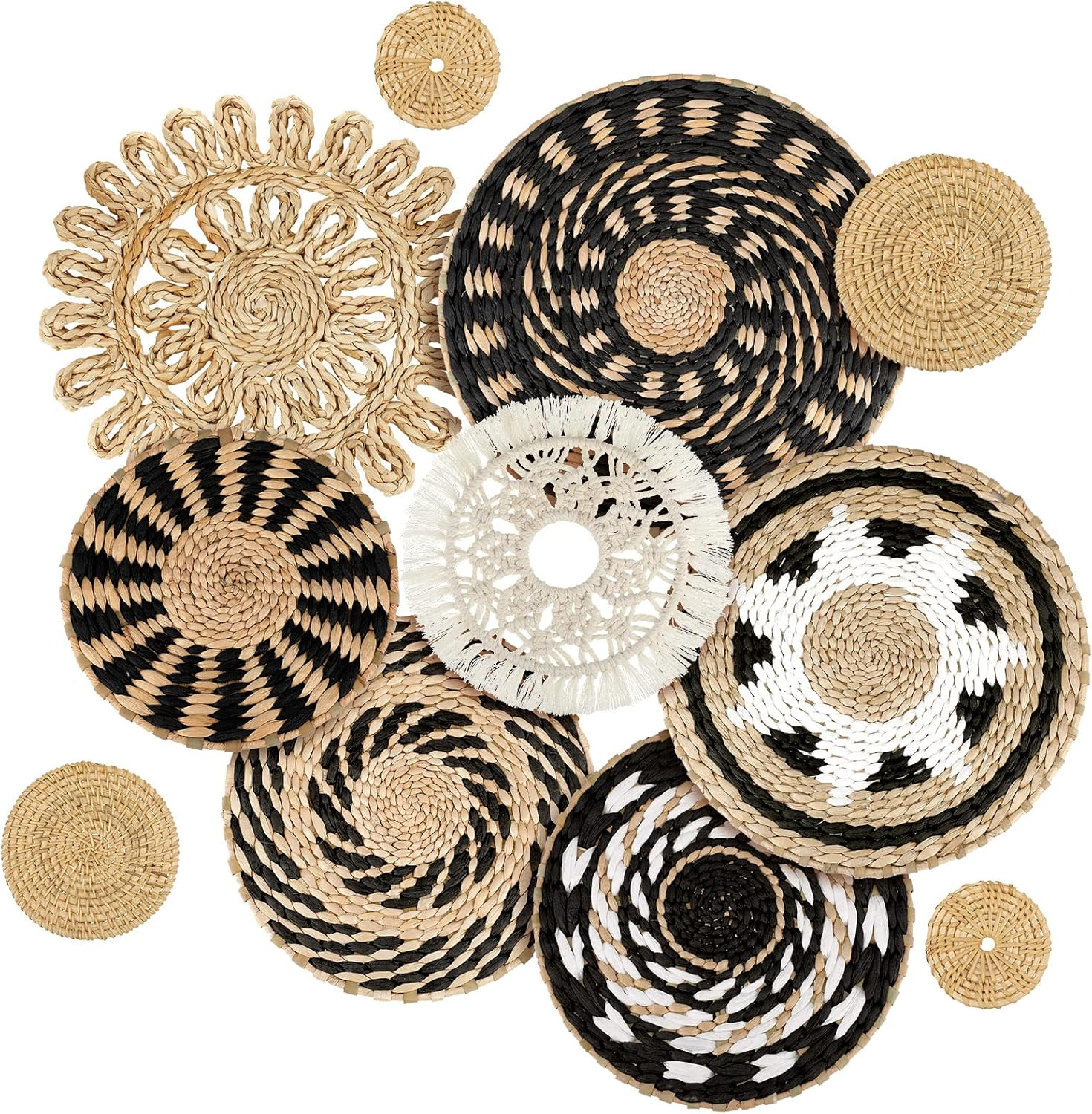 11 Pcs Boho Wall Basket Decor Decorative Bulrush Woven Basket Wall Decor Boho Wall Art round Farmhouse Wall Hanging Baskets for Kitchen Rustic Home Christmas Decorations, Multi Sizes(Retro)