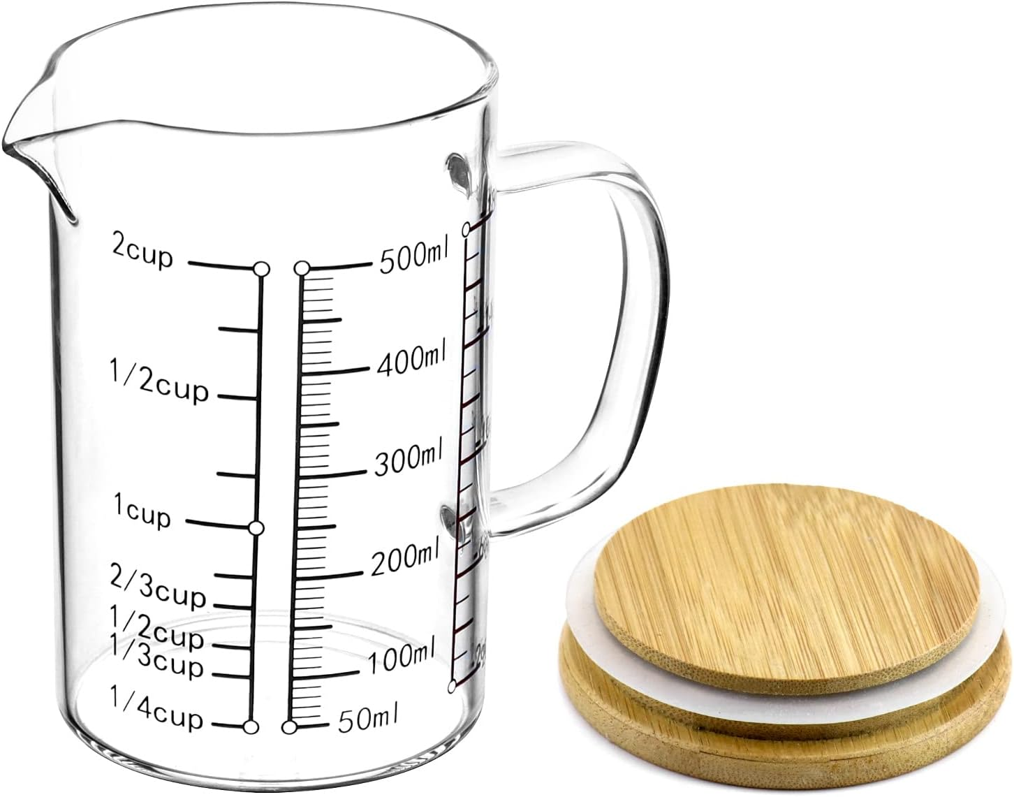 Glass Measuring Cup, 500ML (18 Oz, 2 Cup), High Borosilicate Glass Scale Cup with Handle and Durable Bamboo Lid, for Kitchen or Restaurant