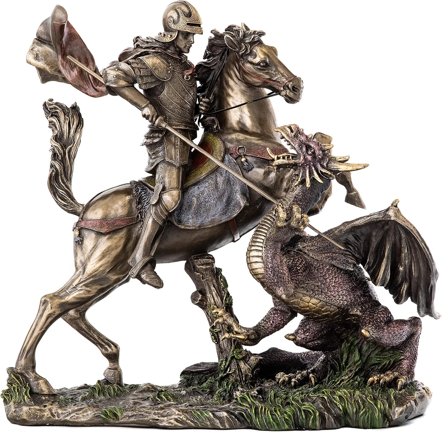 St. George Slaying the Dragon Statue - St. George, Legendary Medieval Knight Sculpture in Cold-Cast Bronze with Color Accents - 10.5-Inch Medieval Figurine