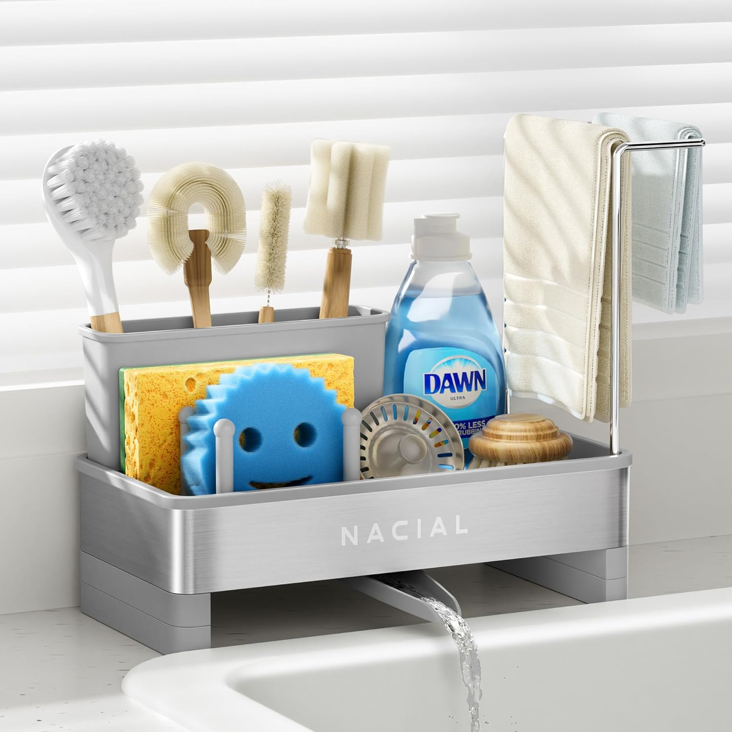 Sponge Holder for Kitchen Sink, Sink Caddy Organizer with High Brush Holder