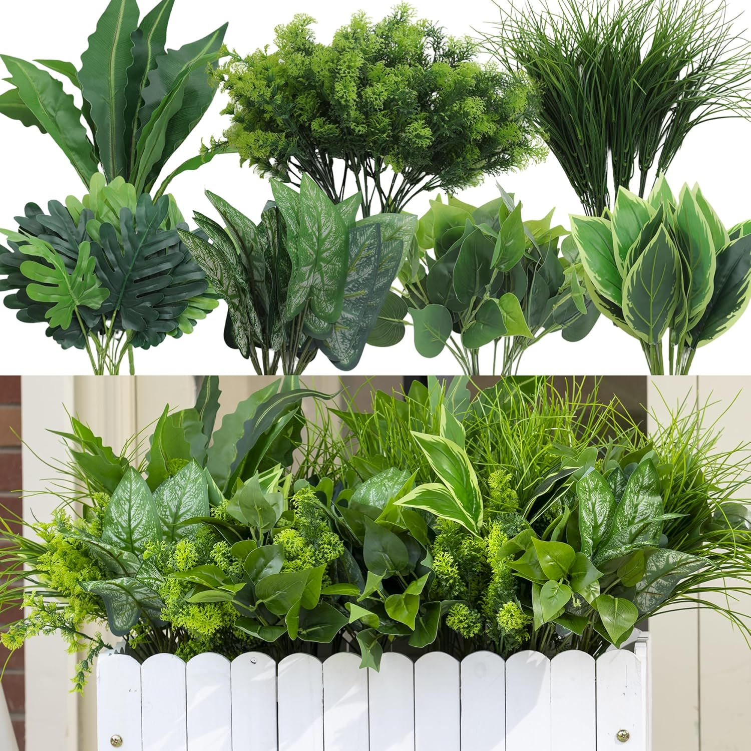 18 Bundles Artificial Plants Outdoor, Faux Bushes Plastic Fake Greenery Stems Shrubs UV Resistant for Indoor outside Hanging Plants Front Porch Home Garden Window Box Spring Summer Decor