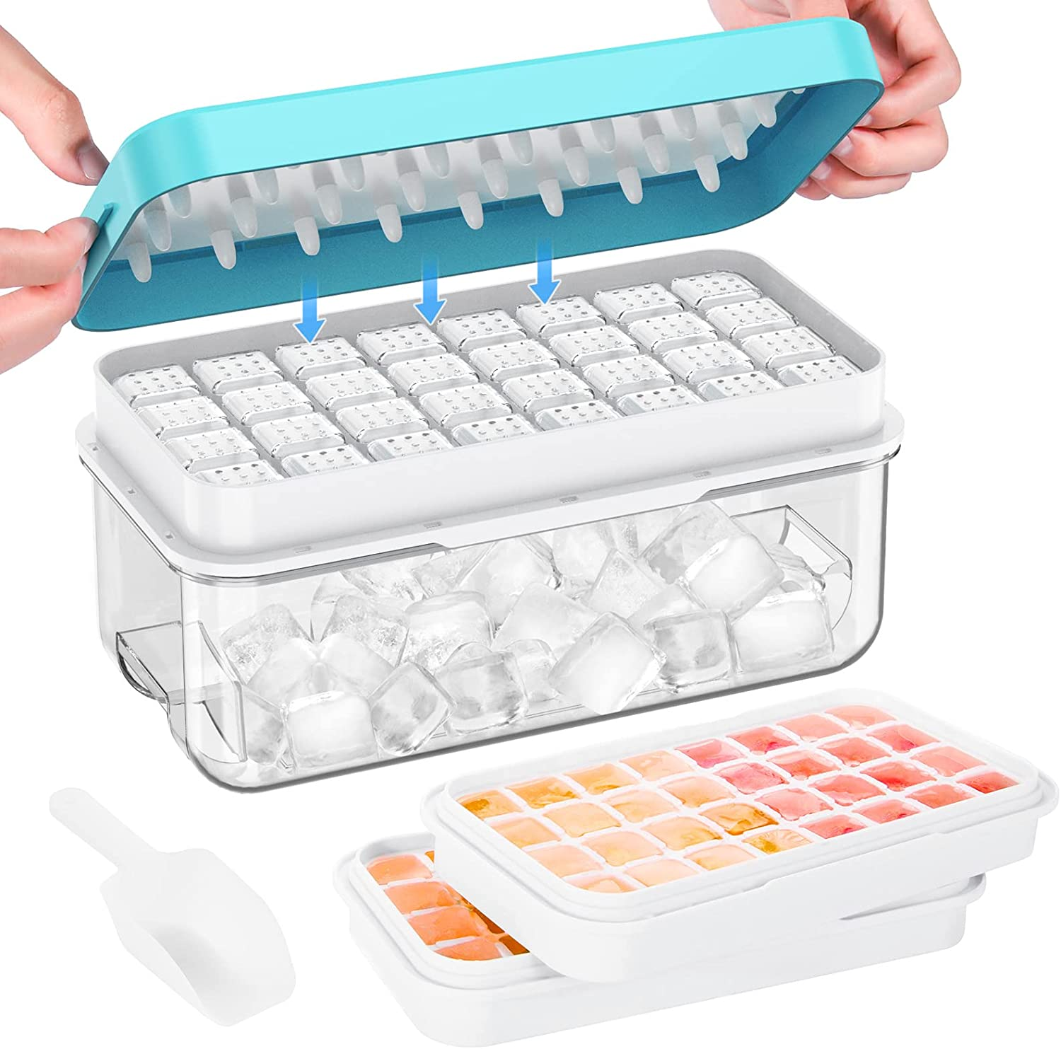 Ice Cube Tray with Lid and Bin, PHINOX 64 Pcs Ice Trays for Freezer, Ice Cube 
