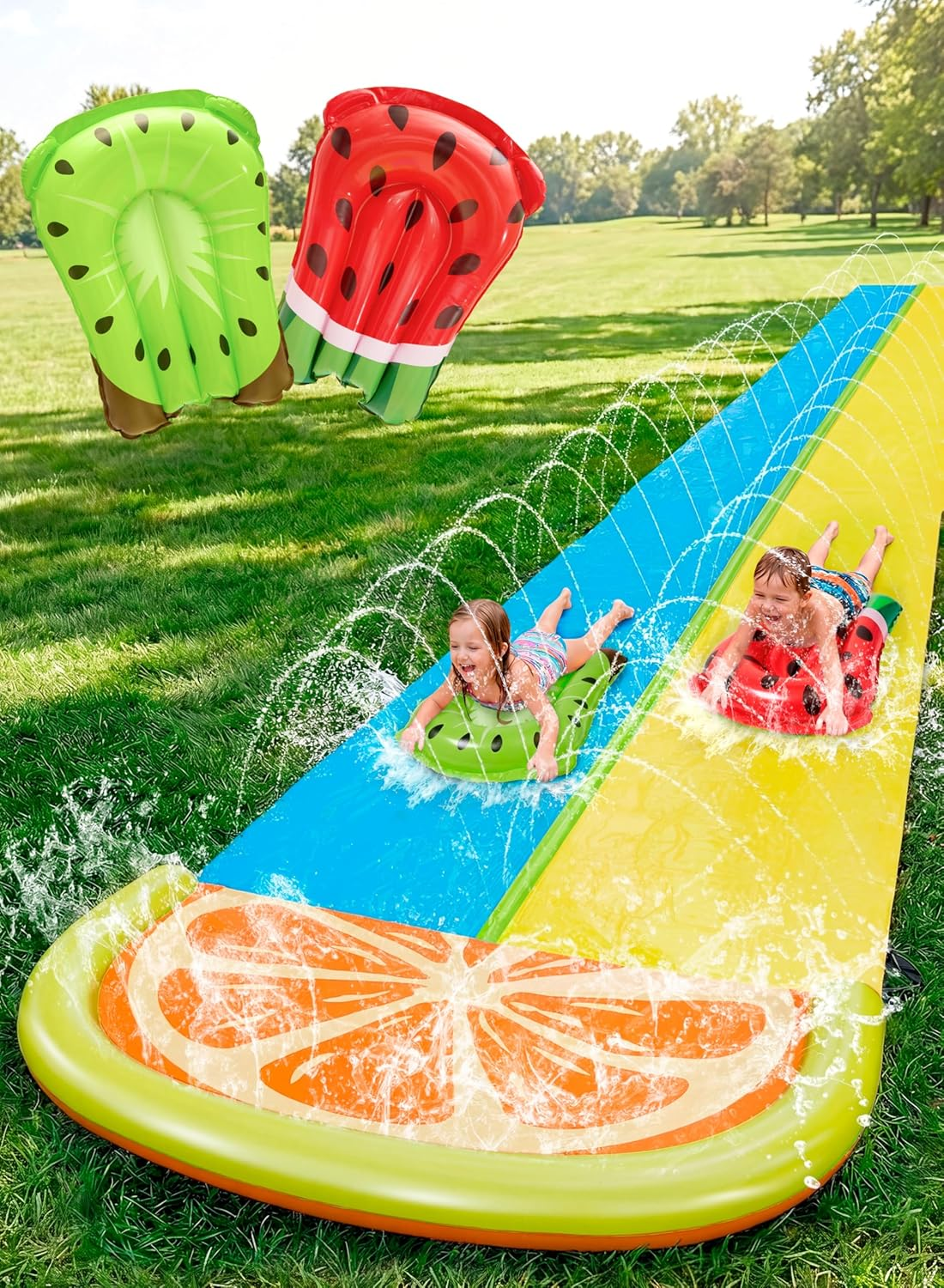 Water Slides with 2 Inflatable Boards,22.5Ft Double Lane Splash Slip Lawn Water Slide with Advanced Sprinklers Summer Toy for Kids Adults Fun Backyard Summer Outdoor, Orange