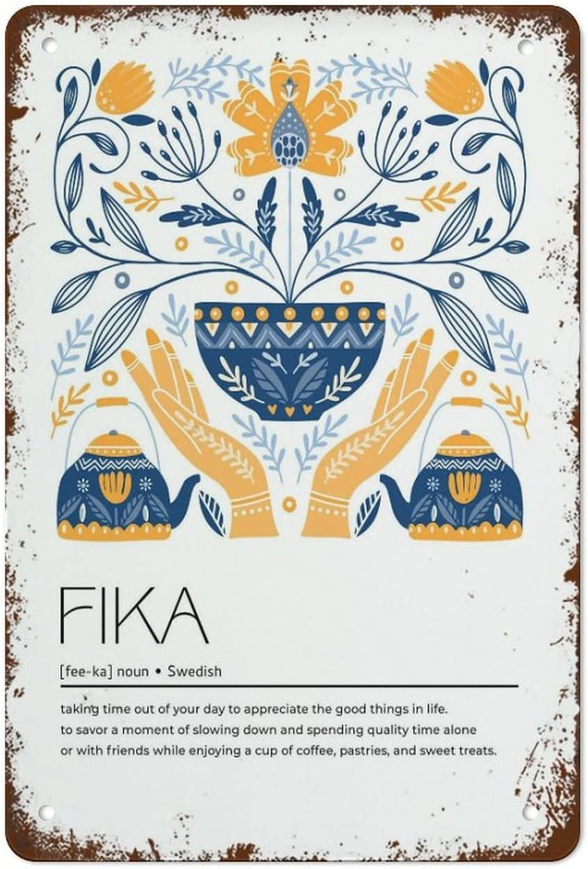 Fika Definition, Scandi Style Folk Art Print, Nordic Decor, Swedish Word Home Decor Metal Signs Tin Sign Vintage Wall Funny Decorations for Bar Cafe Farm Poster 8x12 Inch, (OU88)