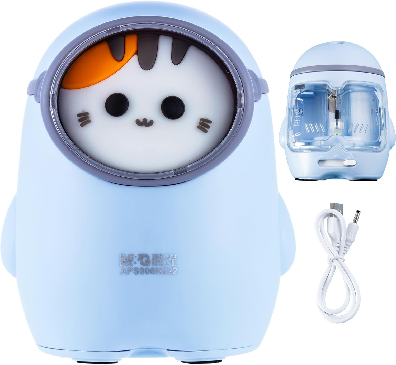 M&G Blue Cat Design Electric Pencil Sharpener, Battery/Usb Dual Power, Adjustable, for Kids Students Office