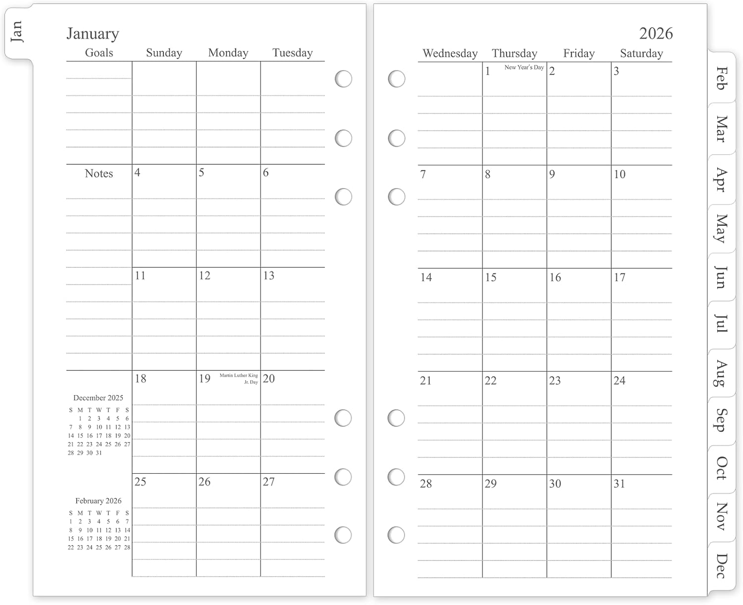 2026 Monthly Planner Refill, A6 Small Size Planner Inserts for 6 Ring, 3.8