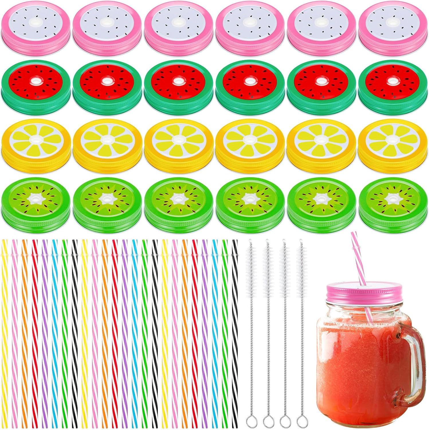 Dandat 52 Pcs Metal Regular Mouth Mason Jar Lids with Straw Hole Striped Plastic Straws Cleaning Brushes Fruit Pattern Decoration Lids Decorative Mason Jar Covers for Drinking Party Favor Canning Jars