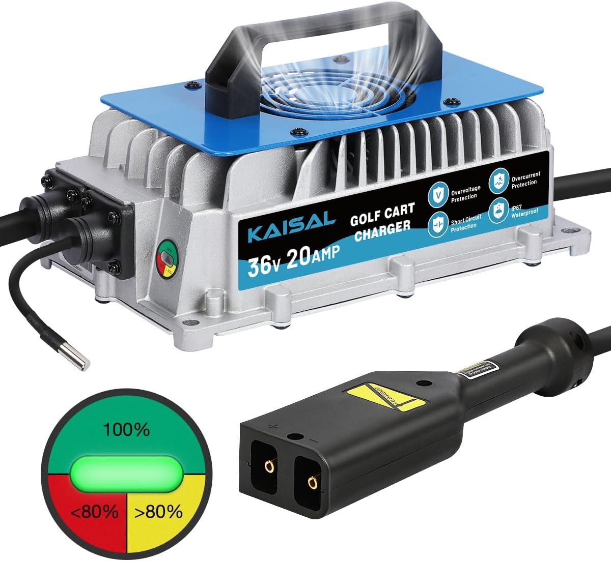 36 Volt Golf Cart Battery Charger for EZGO TXT, 20AMP 1250W EZ GO Golf Cart Charger IP67 Waterproof 36V 20A EZ GO Charger with EZGO TXT D-Plug, 4-6 Hrs Full Charge, 16FT Cable, for Lead-Acid Battery