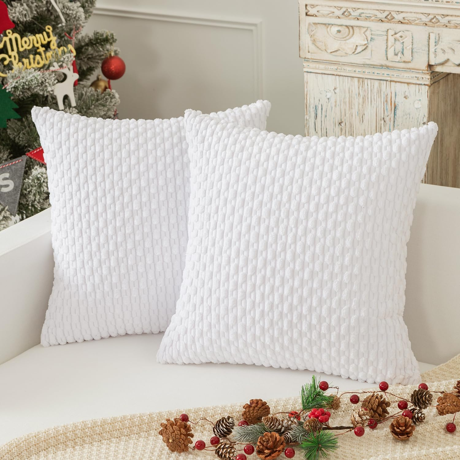 Decorative Pillow Covers Soft Striped Velvet Throw Pillow Covers Set of 2 Cushion Cover for Chair 18 x 18 Inch Pure White