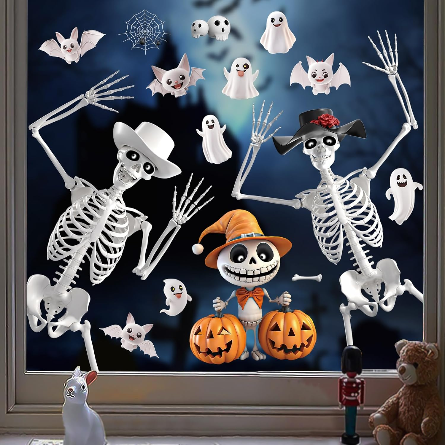 9 Sheets Halloween Window Stickers, Skeleton Window Cling Decals with Ghost Pumpkins Perfect for Halloween Party Decoration