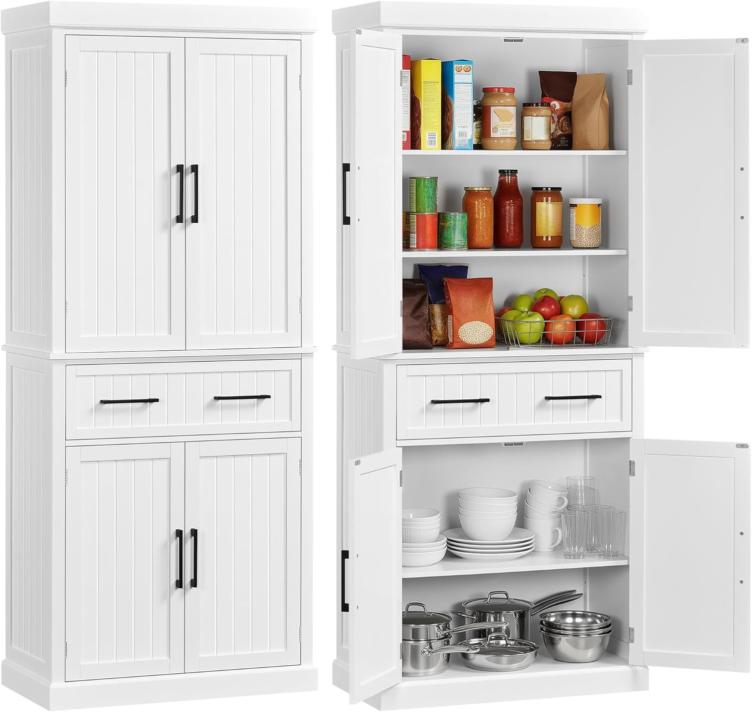 Kitchen Pantry Storage Cabinet with 4 Doors and 2 Adjustable Shelves, 72.5