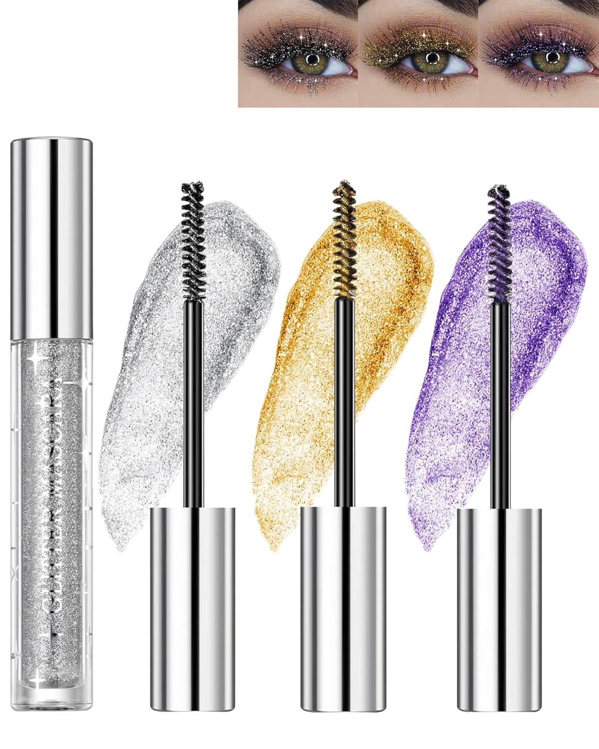 Glitter Shimmer Colored Mascarafor Eyelashes,3Pcs Silver Gold Purple Color Diamond Mascara, Waterproof Long Lasting Sparkly Mascara, Voluminous & Curling Eyelashes Party Stage Use Makeup for Women
