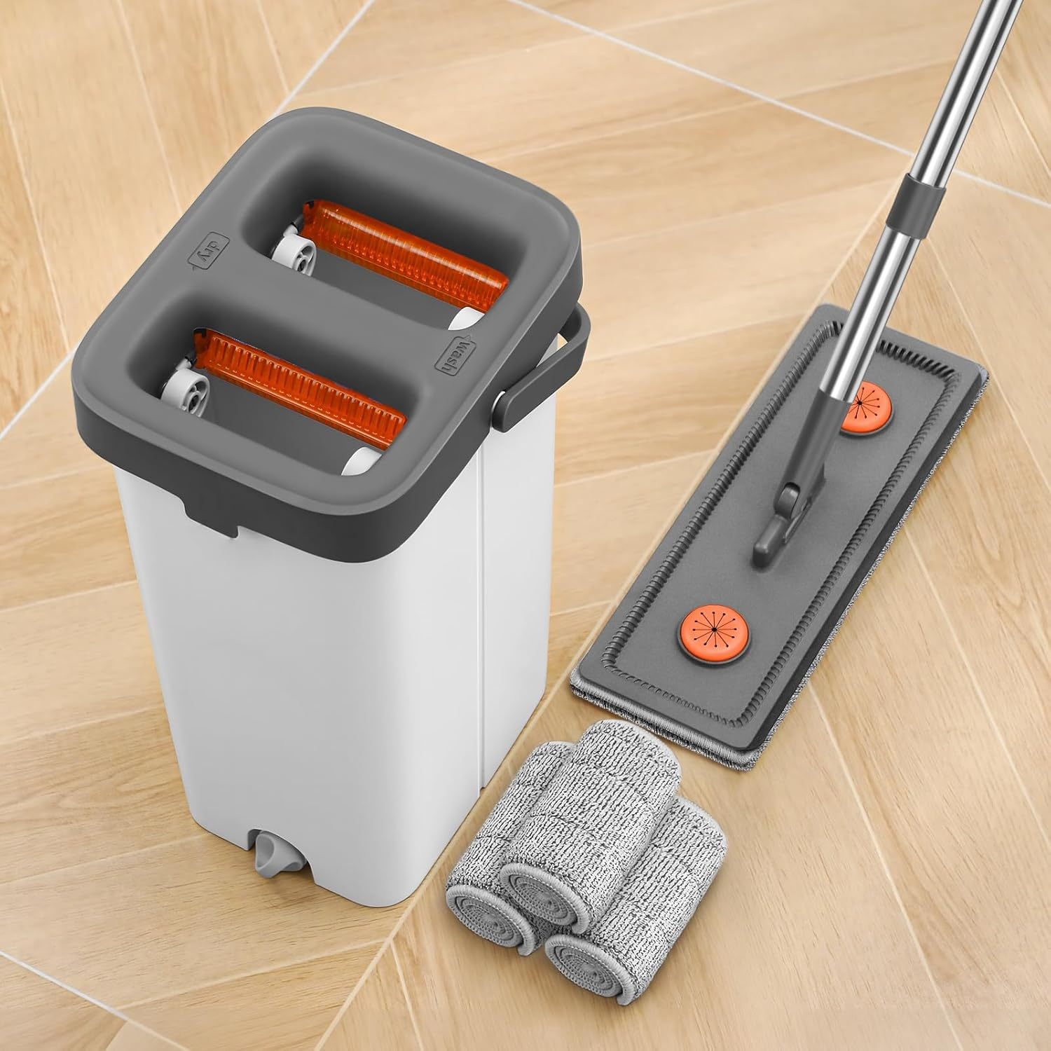 Hands Free Flat Mop And Bucket Set With Wringer Long Handle 3 Microfiber Pads