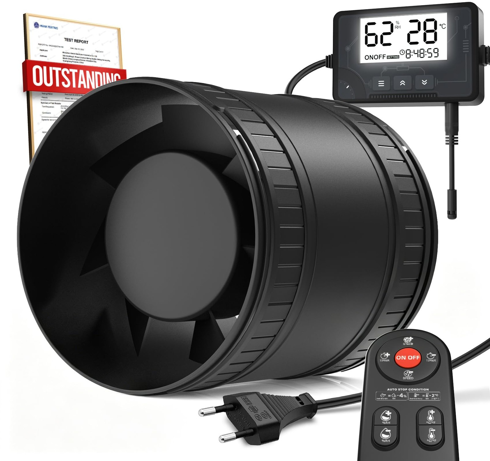 Ventilateur Tube Silencieux Avec Capteur D'Humidité Capteur De Température Minuterie, 6 Niveaux A...