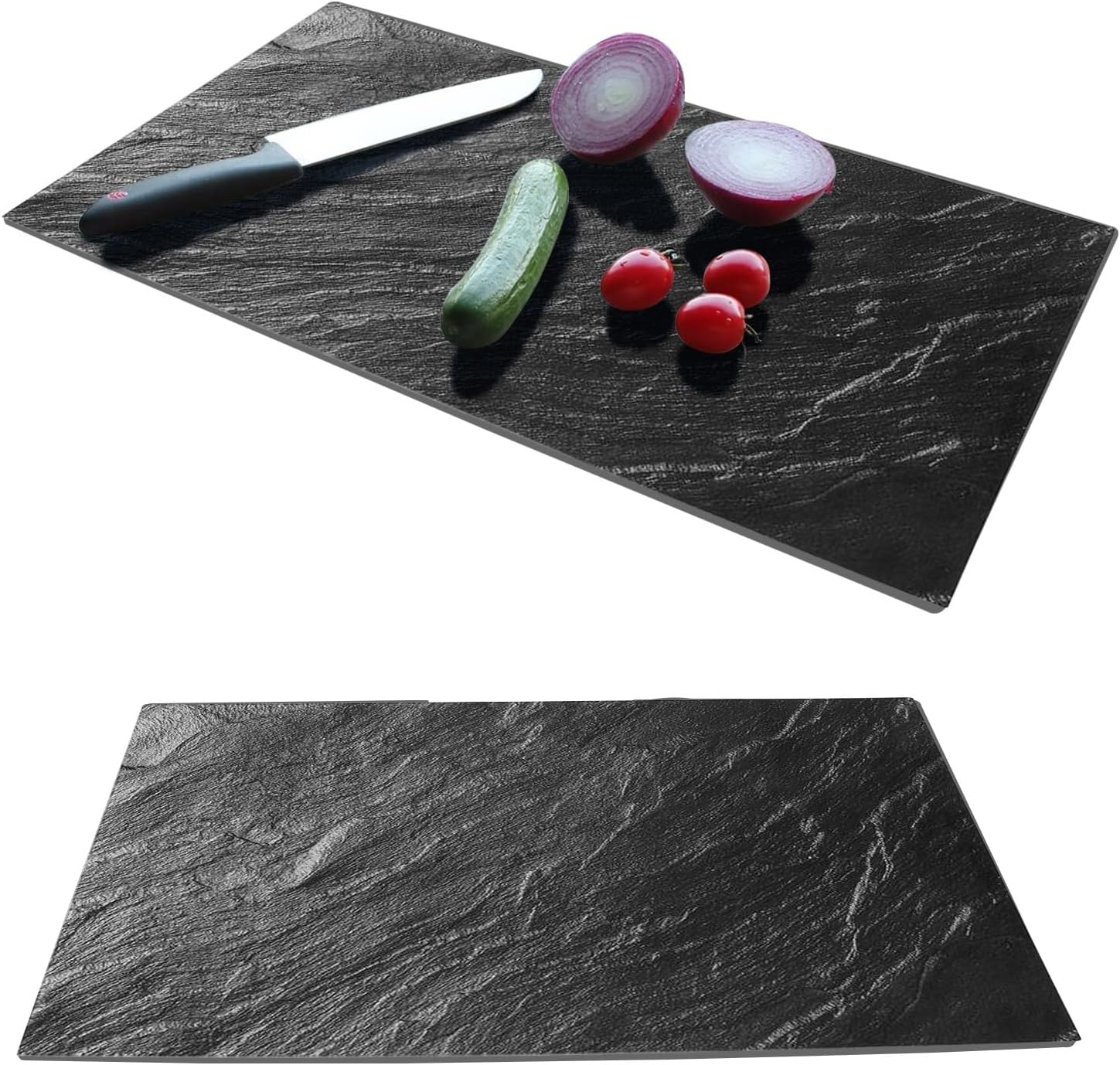 Set of 2 Glass Chopping Boards - 2Pcs Universal Hob Cover Worktop Savers for Induction, Ceramic & Electric Stove - Non-Slip Tempered Glass Cutting Board - Black Slate Marble