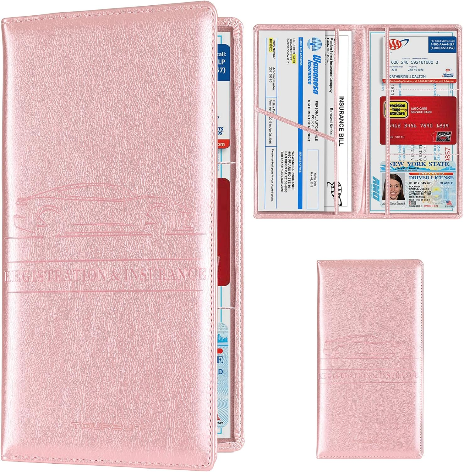 TOURSUIT Car Registration and Insurance Card Holder, Vehicle License Document Glove Box Compartment Organizer, Essential Car Wallet Case for Driver Auto Owners Trailer Motorcycle Boat (Rose Gold)