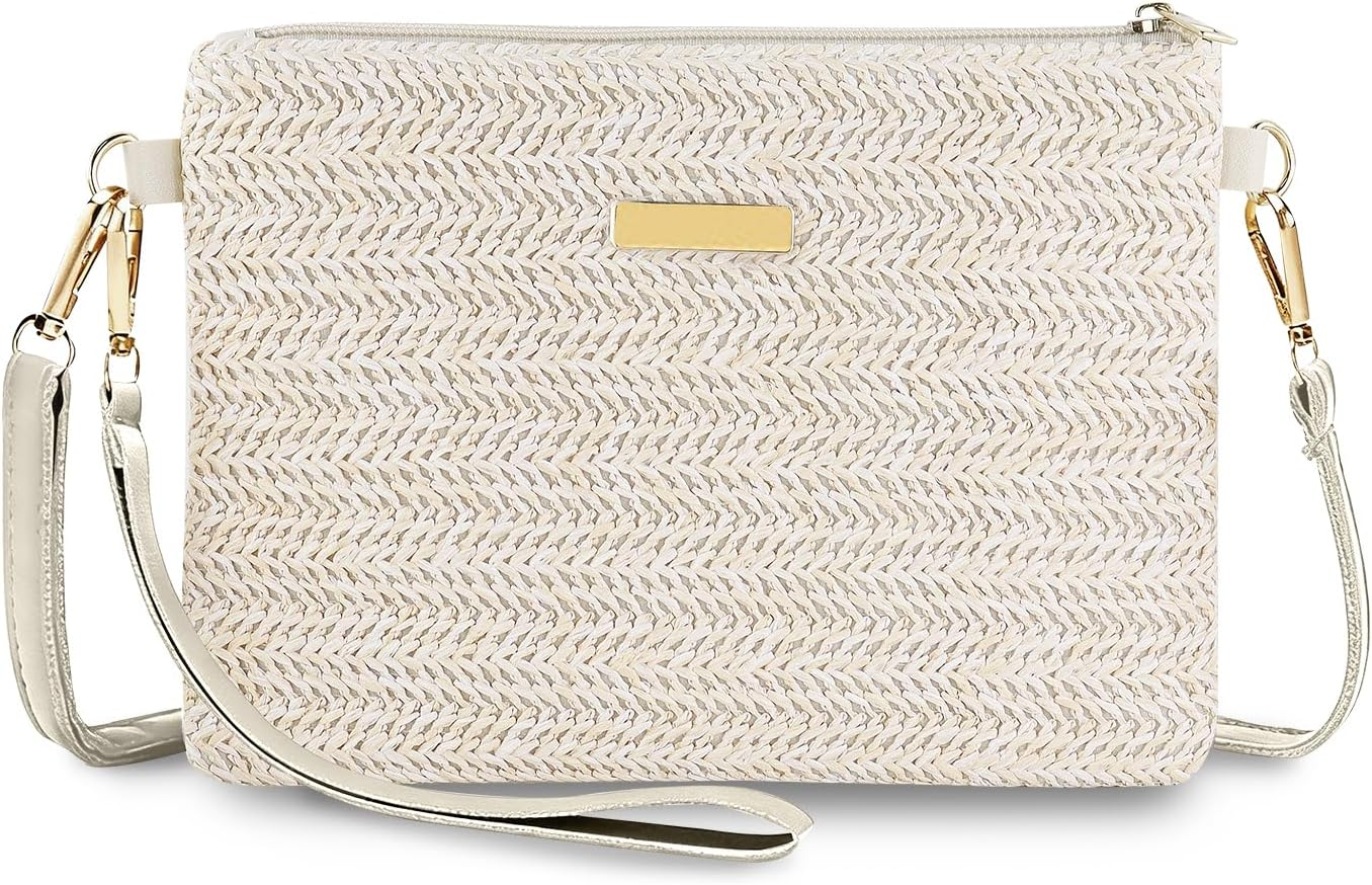 Funincrea Stroh Umhängetasche Damen Mit Abnehmbaren Armband- Und Schultergurten, Sommer Crossbody Bag Damen Stroh Handytasche Zum Umhängen Strand Strohtasche Damen Mit Reißverschluss