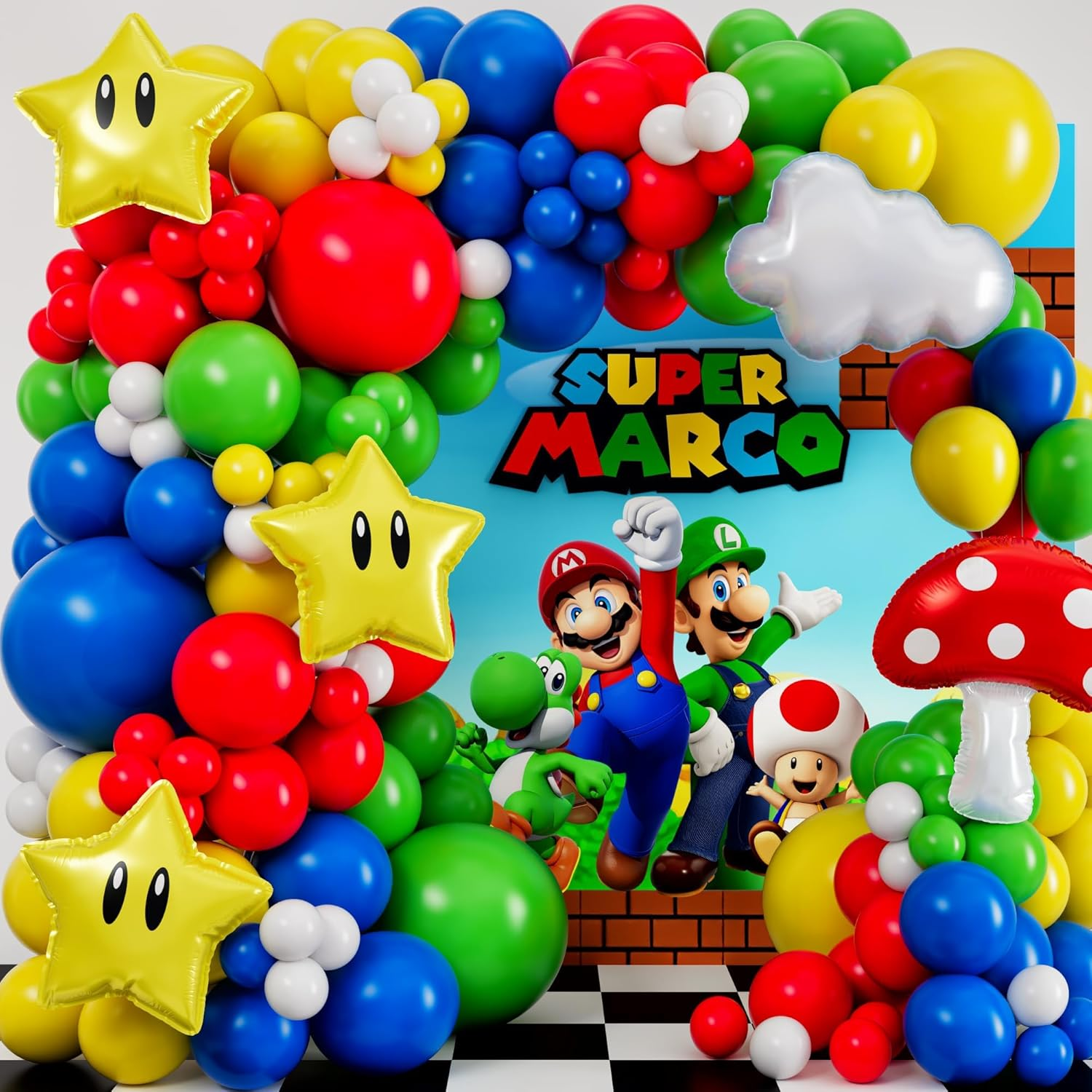 ALL-IN-1 Super Adventure Balloon Arch Kit with BONUS Mushroom, Cloud & Star Balloons for Bros Party Decorations - Red Blue Green Yellow Balloons for Video Game Birthday Decoration & Party Supplies
