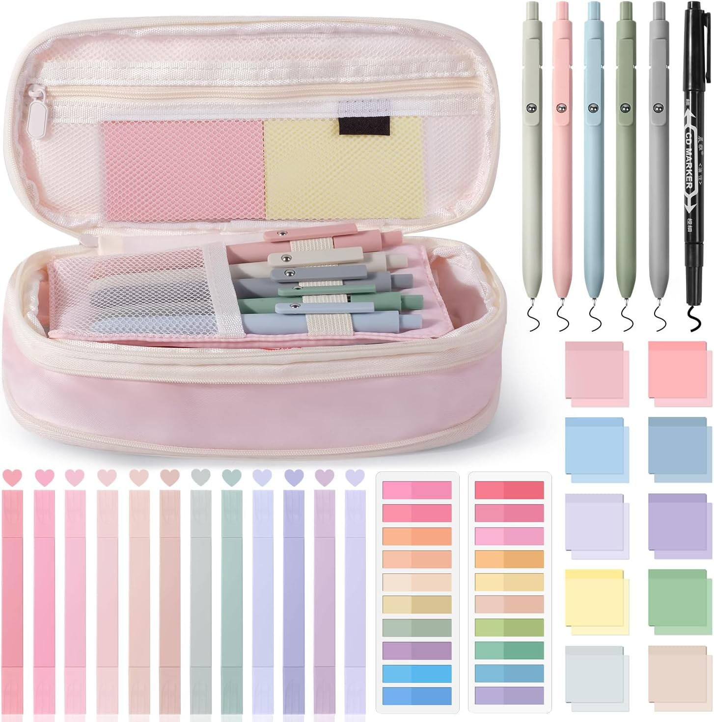 49Pcs Book Annotation Kit - Aesthetic School Supplies with Cute Pen Case Highlighters Gel Pens and Marker, Sheets Transparent Index Tabs Sticky Notes Bible Study Supplies (Pink)