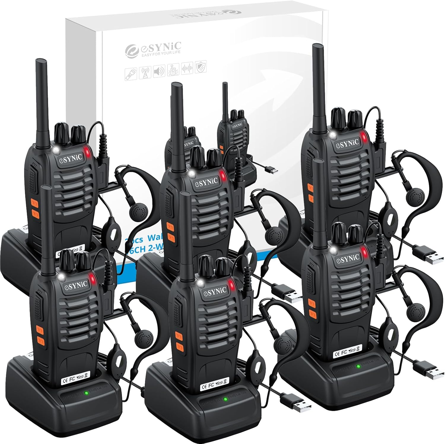 6Pack Professional Walkie Talkies for Adults Rechargeable Walkie Talkies Best 16CH Walkie Talkie Long Rang VOX Radio Walky Talky with Earpieces Wonderful Gifts for Adults Kids Etc | Rechargeable| Long Rang| with Earpieces & USB Charging Dock & Light & Clip| Best 16CH VOX Walky Talkie Gifts for Work,Camping