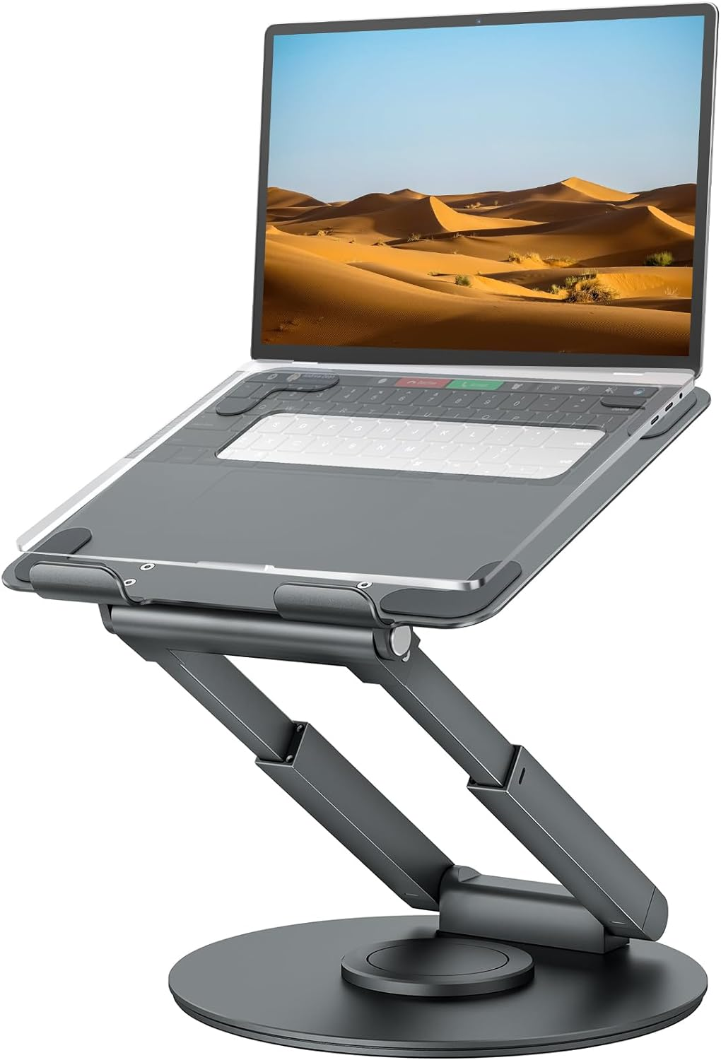 Telescopic Laptop Stand for Desk with 360° Swivel Base, Sit to Stand, Height Adjustable, Portable Riser Holder for Good Posture, Compatible with MacBook Pro, All Laptops 10-17