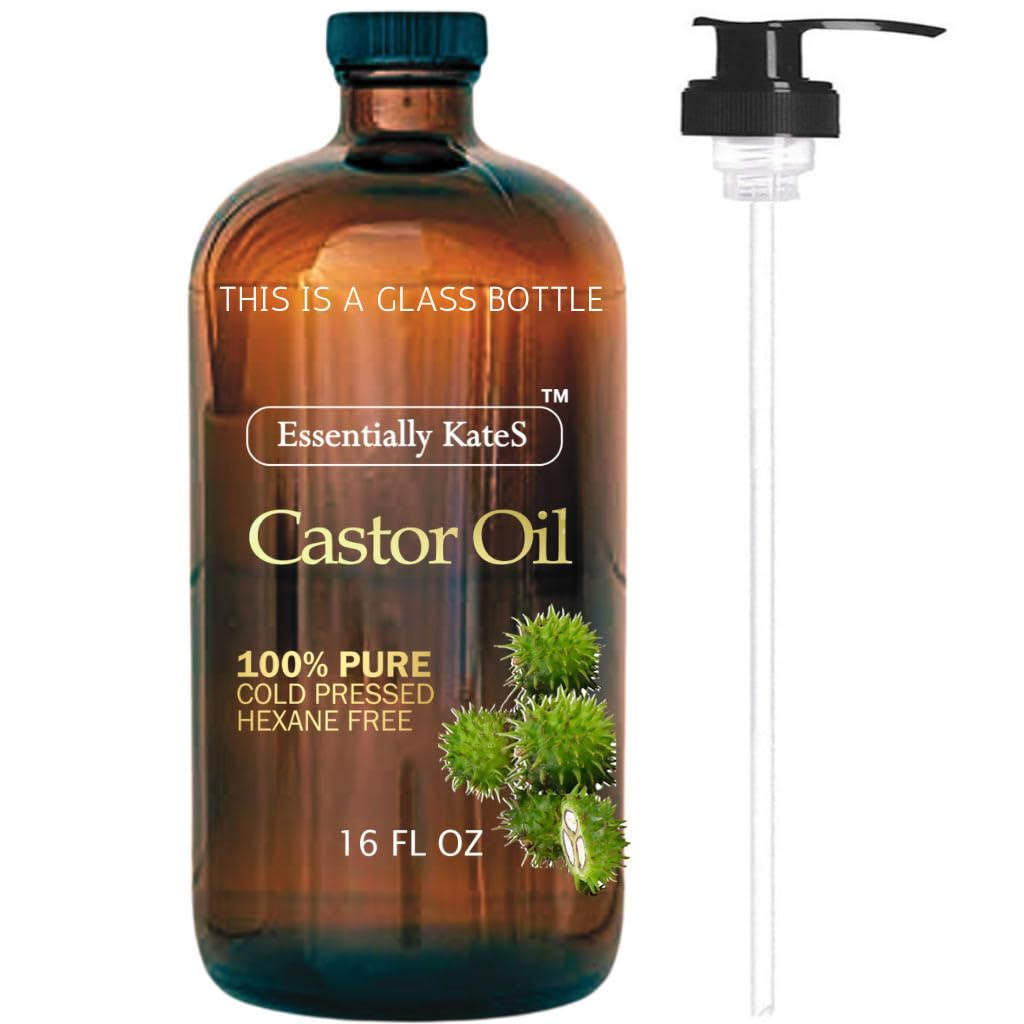 Essentially Kates Castor Oil 16 Fl Oz (Glass Bottle) - Original - a Huge Glass Bottle with a Pump - 100% Pure and Natural, Cold Pressed, and Hexane-Free - Hair and Body