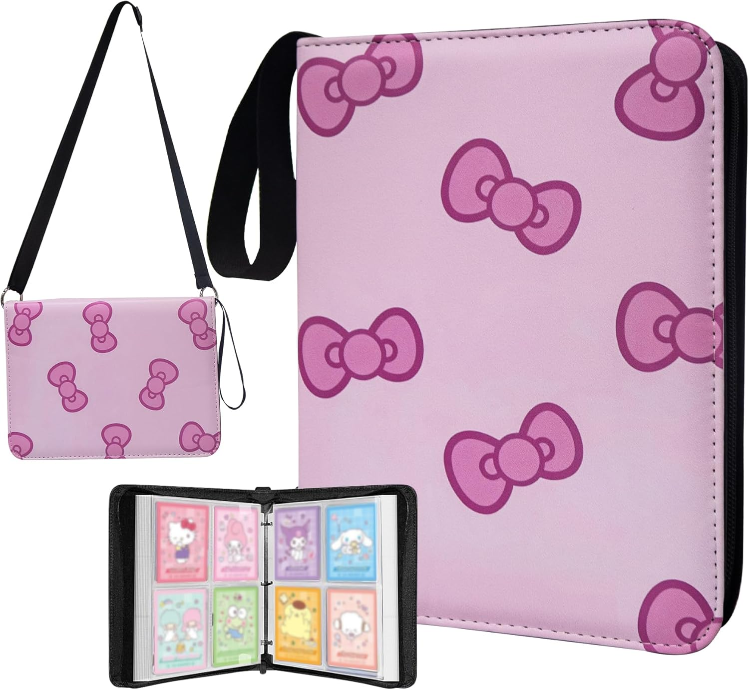 Pink Card Binder for Girls, 4 Pocket with 50 Sleeves up to 400 Trading Cards Binder, Waterproof Card Storage Bag with Shoulder Strap