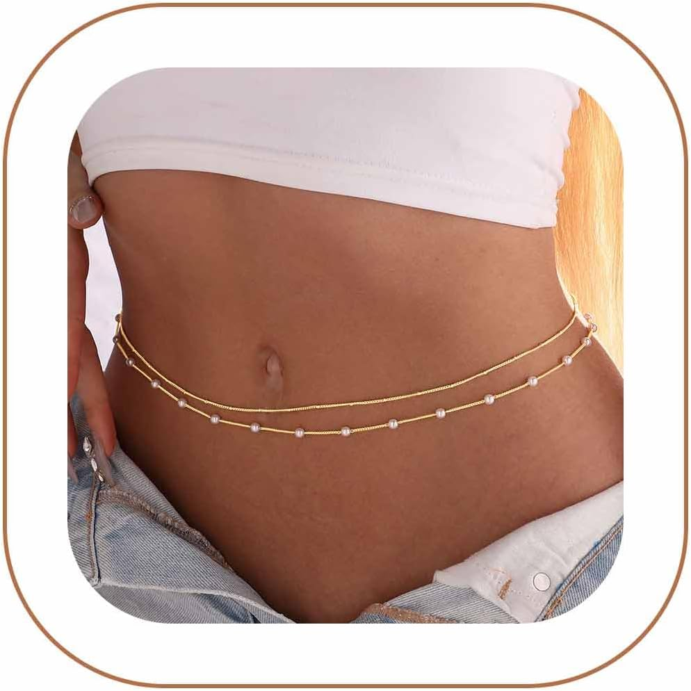 14K Gold Plated Body Chains Dainty Boho Layered Beach Waist Chain Adjustable Bikini Belly Chain Jewelry Accessories for Women Sexy