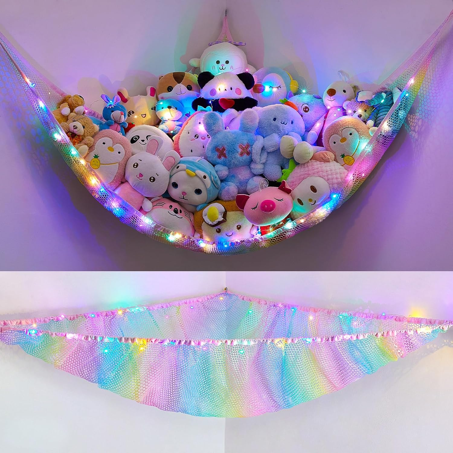Unicorn Castle Stuffed Animals Net or Hammock Kids Toy Storage Organizer with LED Light Hanging Corner Stuffed Animals Holder Kids Girls Room Decor(Pack of 1)