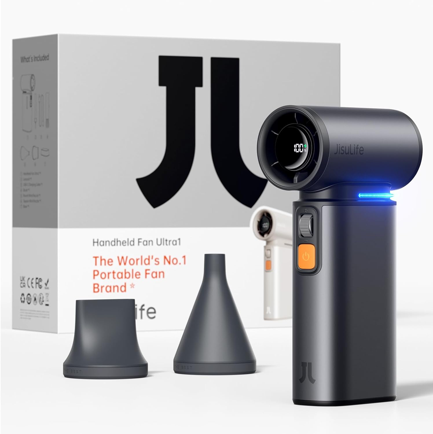 JISULIFE Portable Handheld Turbo Fan, 100 Speeds Adjustable Mini Personal Fan, 9000Mah USB Rechargeable Battery Operated, LED Display, Metal Shell with Accessories Gifts for Men Women Travel- Grey